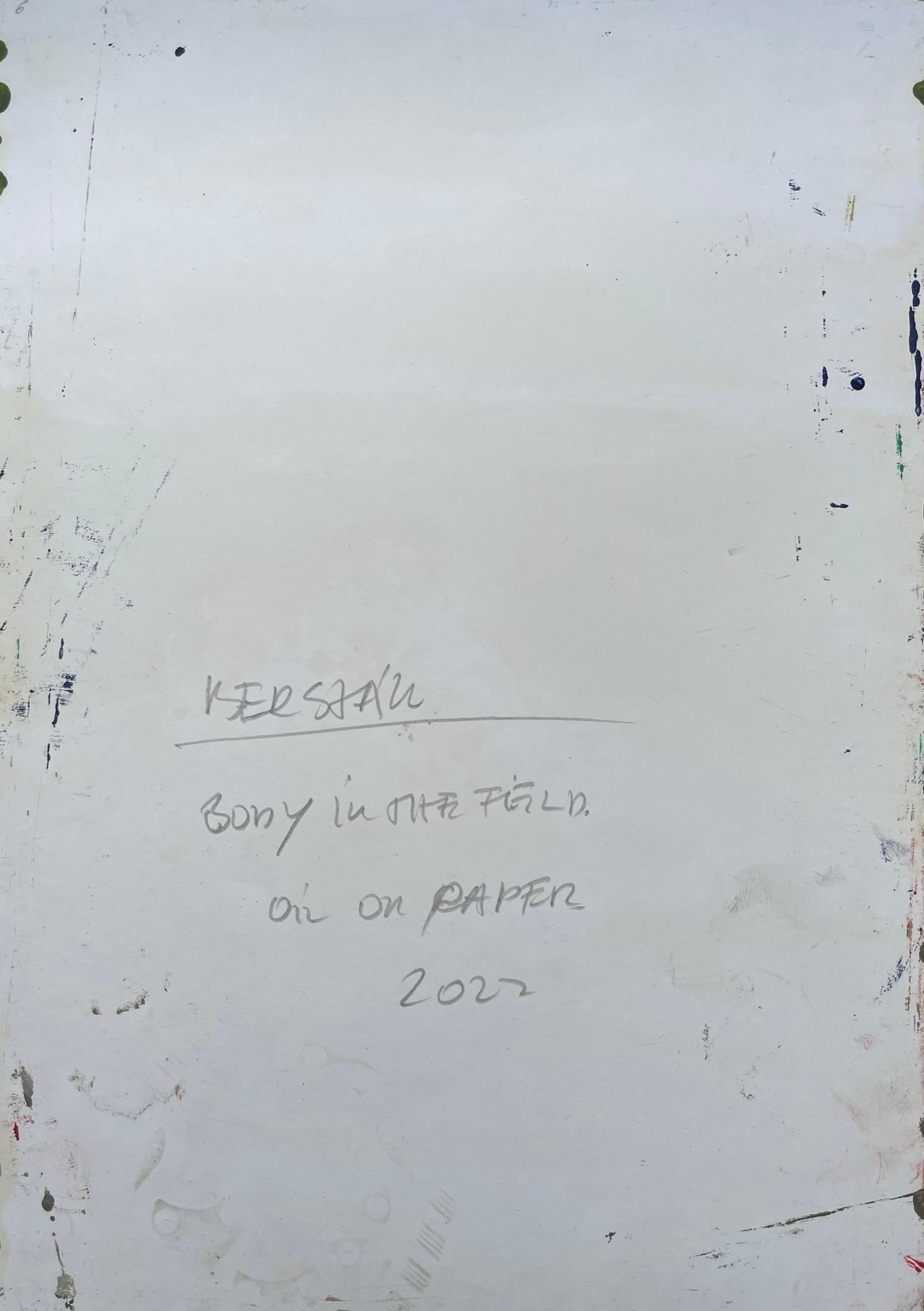 Überreste (Leiche auf dem Feld 6), 2022
Öl auf Papier (rückseitig signiert)
16 17/32 H x 11 13/16 W in.
42 H x 30 B cm

Zsolt Berszán verkörpert in seinen Werken die Auflösung des menschlichen Körpers durch das Prisma des Fragments, des zerteilten