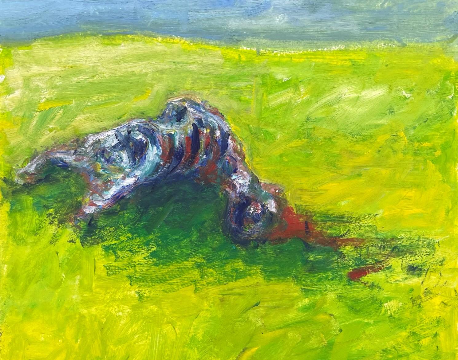 Remains (Body in the Field 9), 2022
oil on paper (signed on reverse)
16 17/32 H x 11 13/16 W in.
42 H x 30 W cm

Zsolt Berszán embodies in his works the dissolution of the human body through the prism of the fragment, the body in pieces, and the