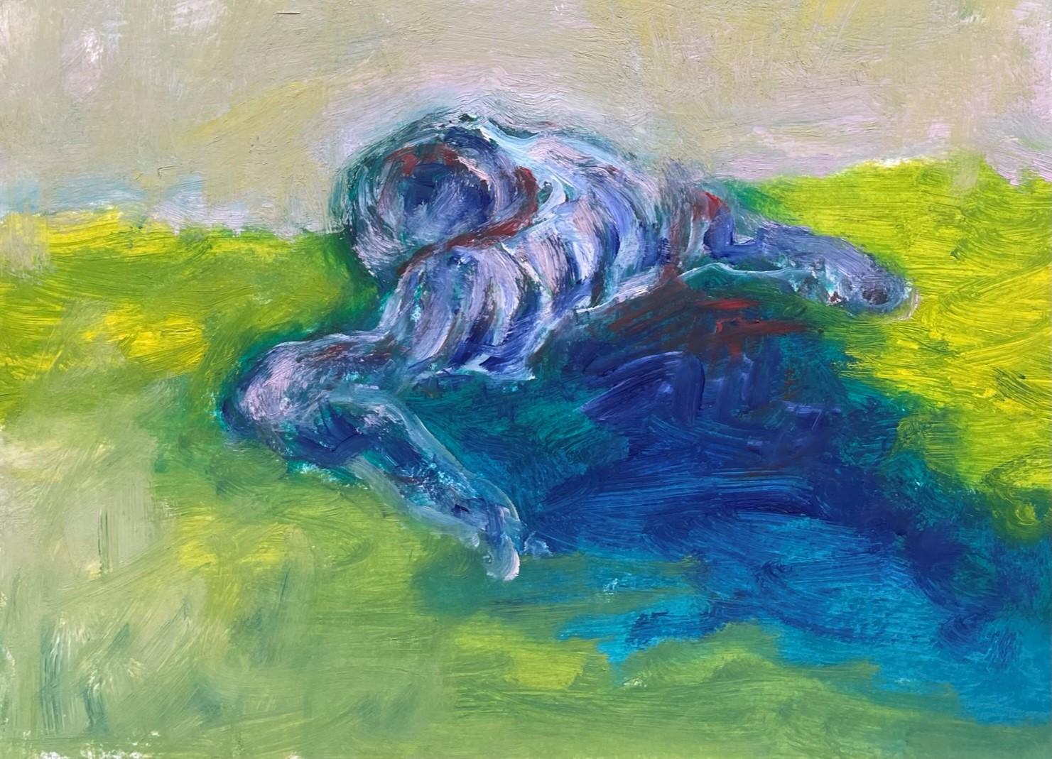 Remains (Body in the Field 12) - Contemporary, Green, Blue, Painting On Paper - Gray Figurative Art by Zsolt Berszán