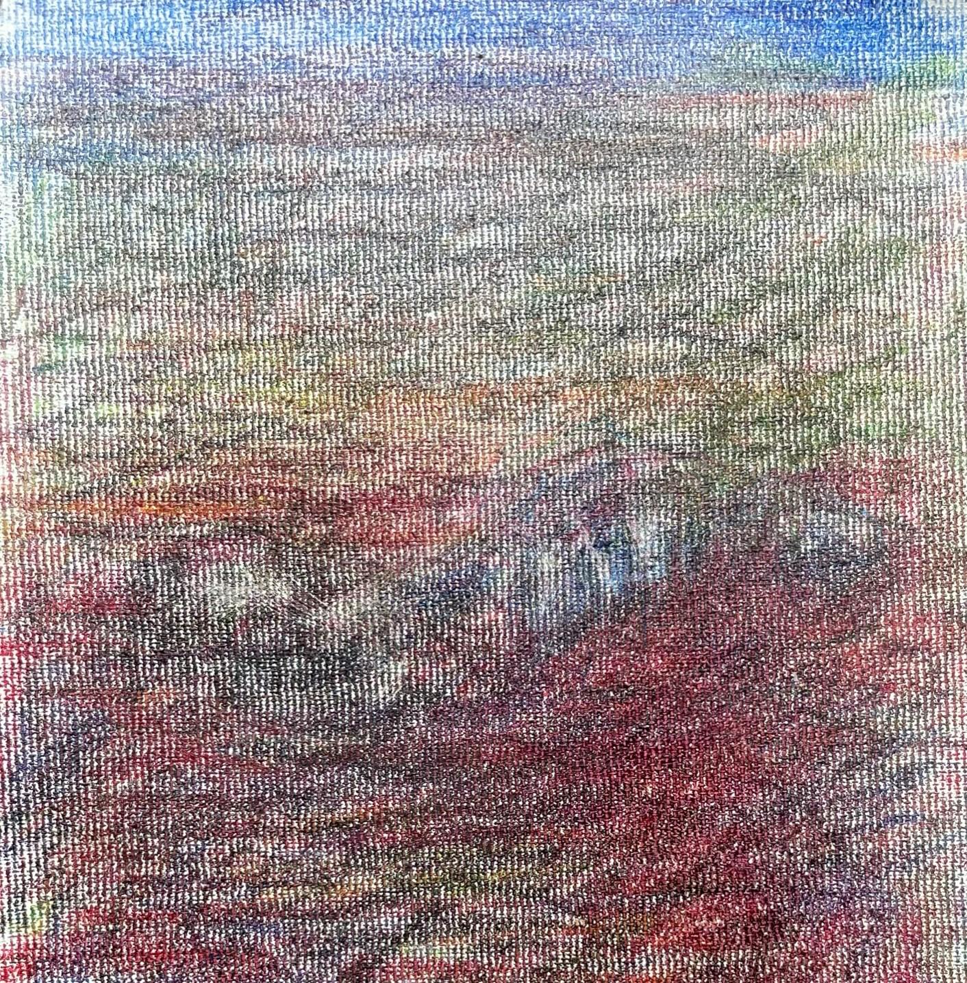 Body in the Field #2 - Red, Blue, Drawing, Coloured Pencils, Landscape - Art by Zsolt Berszán