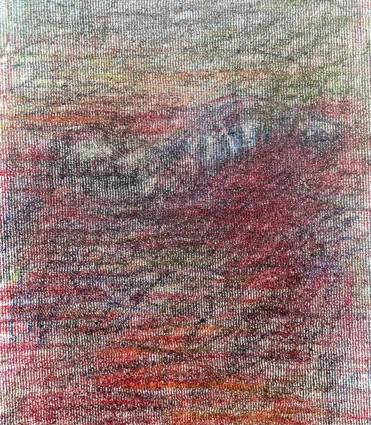 Body in the Field #2 - Red, Blue, Drawing, Coloured Pencils, Landscape - Gray Landscape Art by Zsolt Berszán