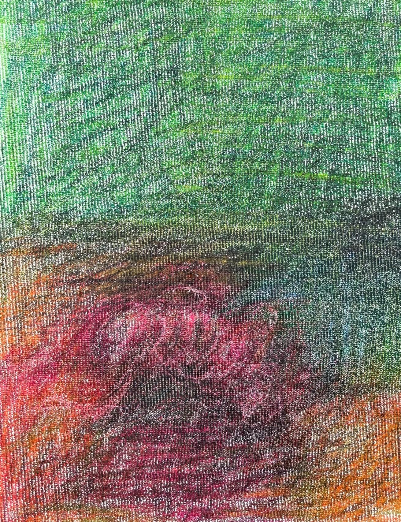 Body in the Field n°4 - Vert, rouge, dessin, crayon de couleur - Gris Landscape Art par Zsolt Berszán