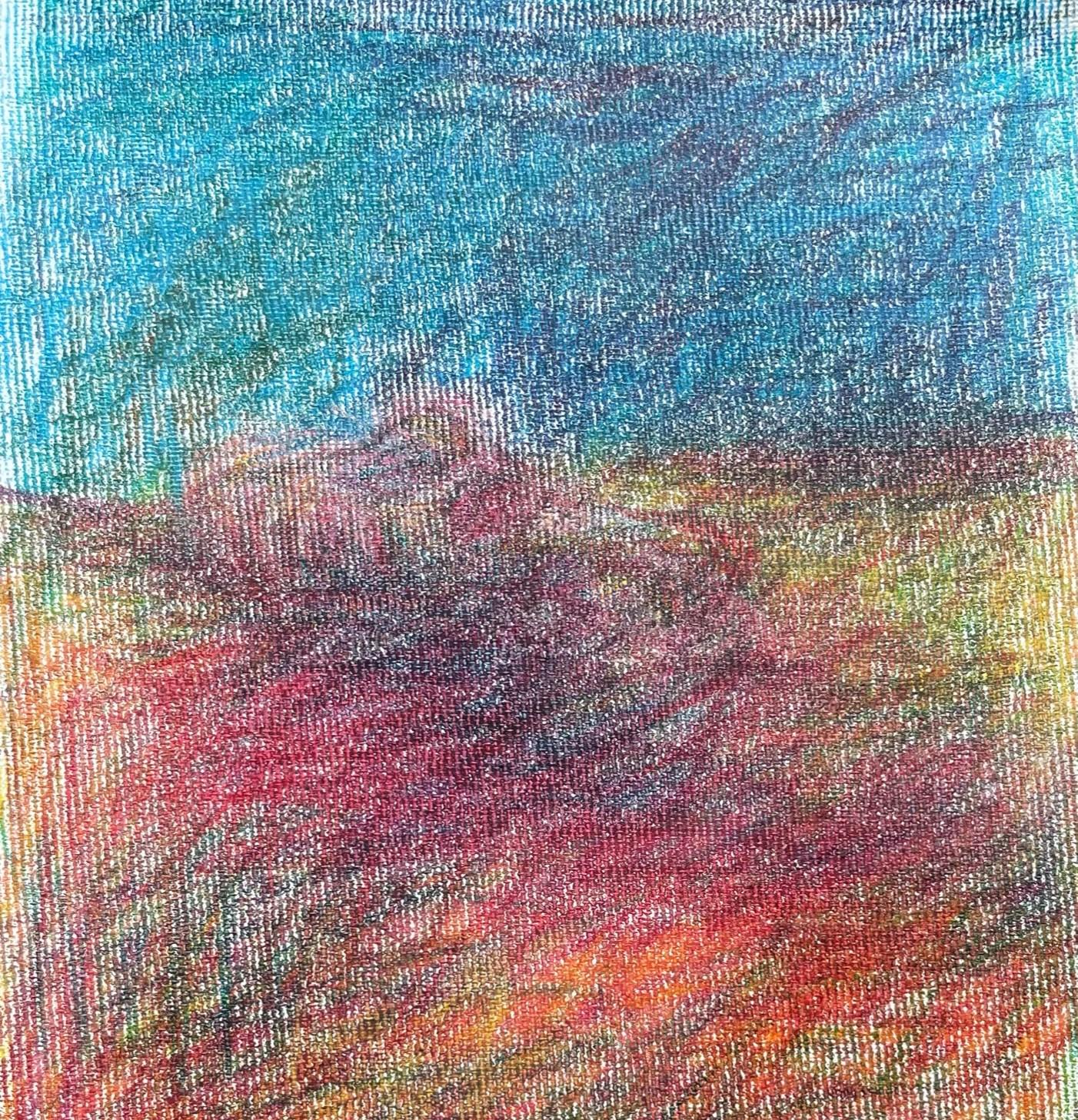 Body in the Field n° 5 - Bleu, rouge, dessin, crayon de couleur - Art de Zsolt Berszán