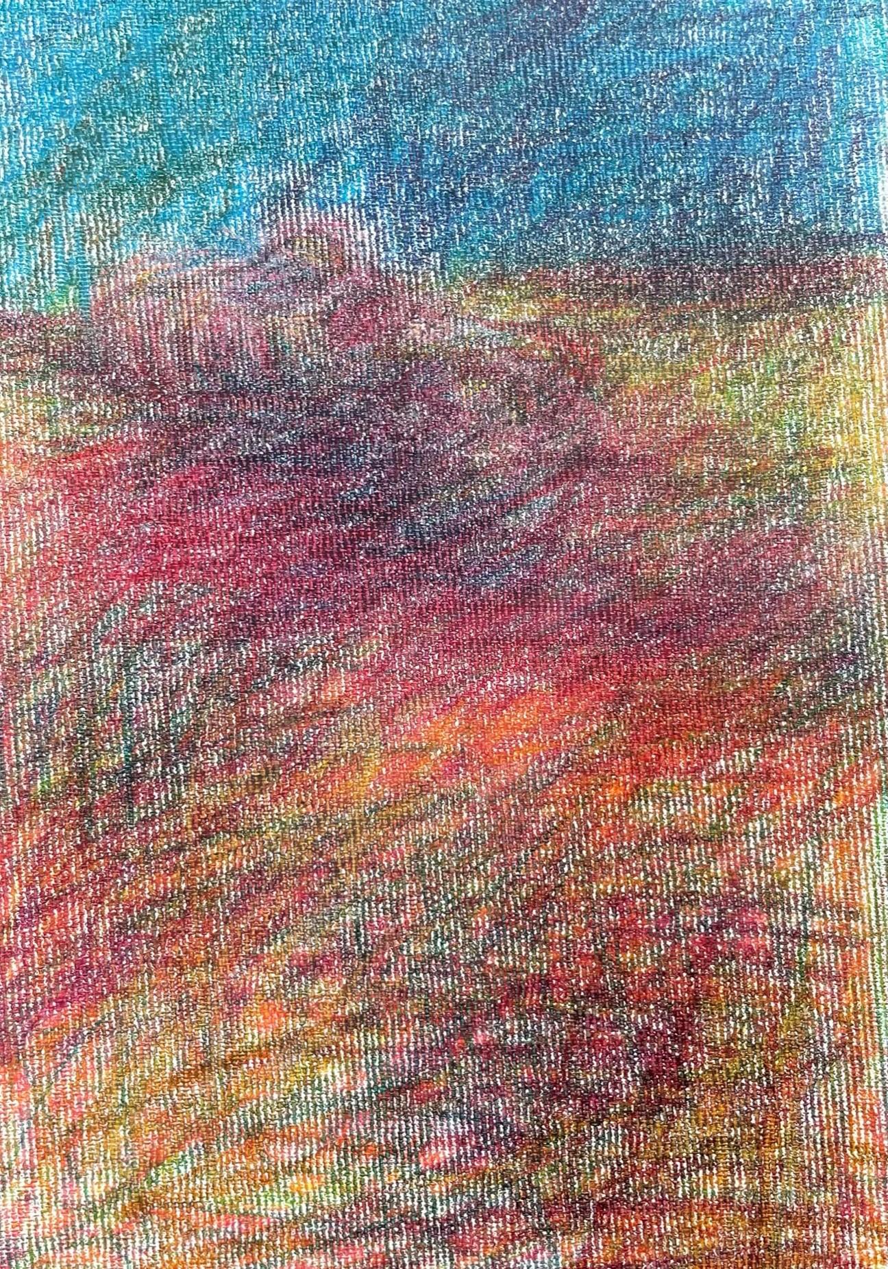 Body in the Field #5 - Blue, Red, Drawing, Color pencil - Brown Landscape Art by Zsolt Berszán