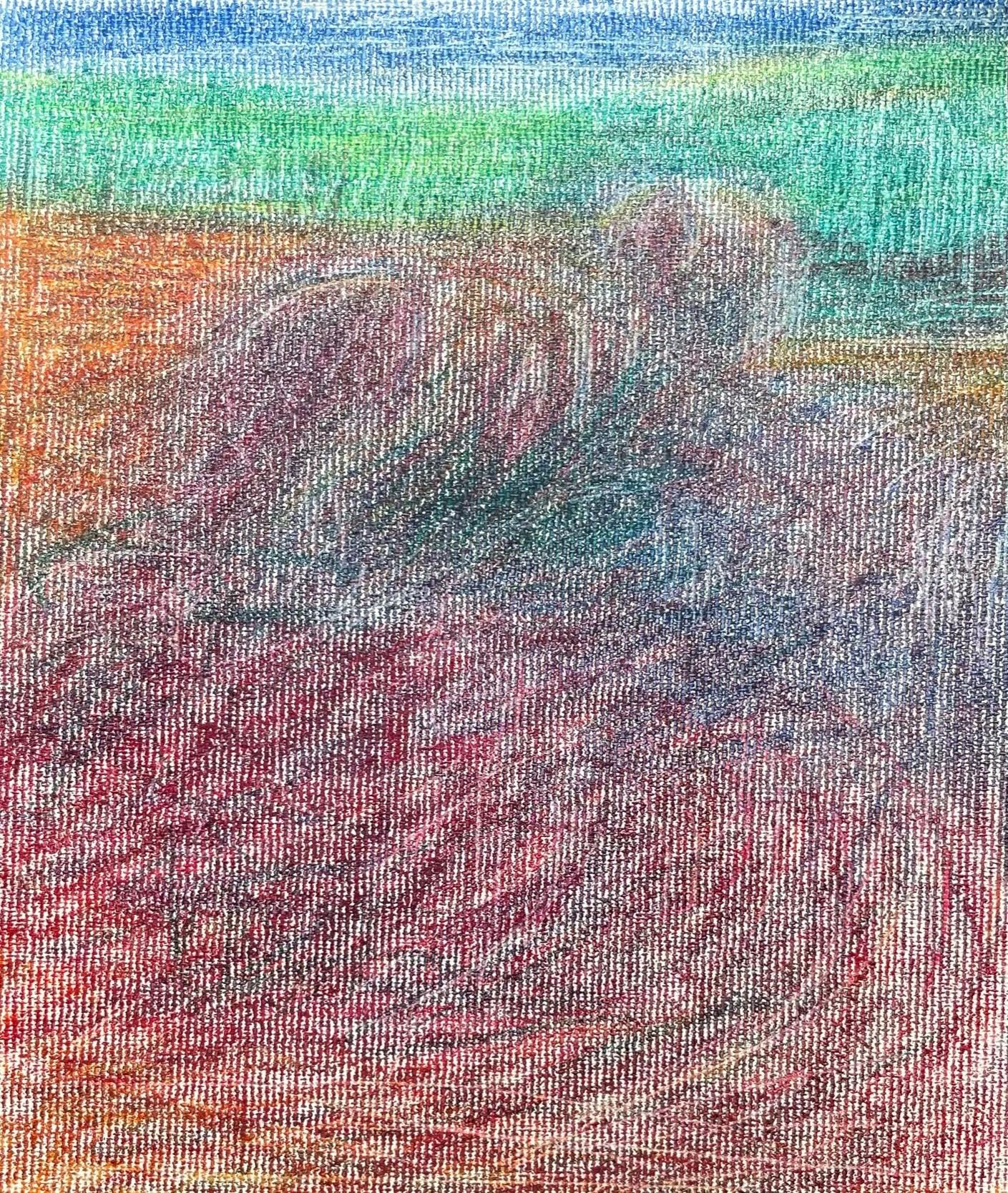 Body in the Field #9 – Landschaft, Orange, Rot, Buntstift  – Art von Zsolt Berszán