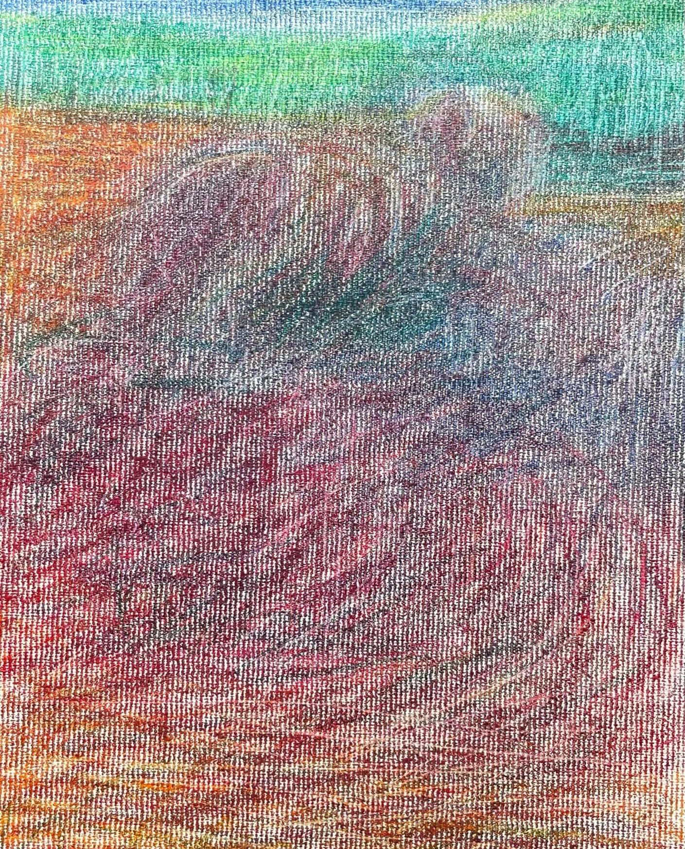 Body in the Field #9 – Landschaft, Orange, Rot, Buntstift  (Grau), Landscape Art, von Zsolt Berszán