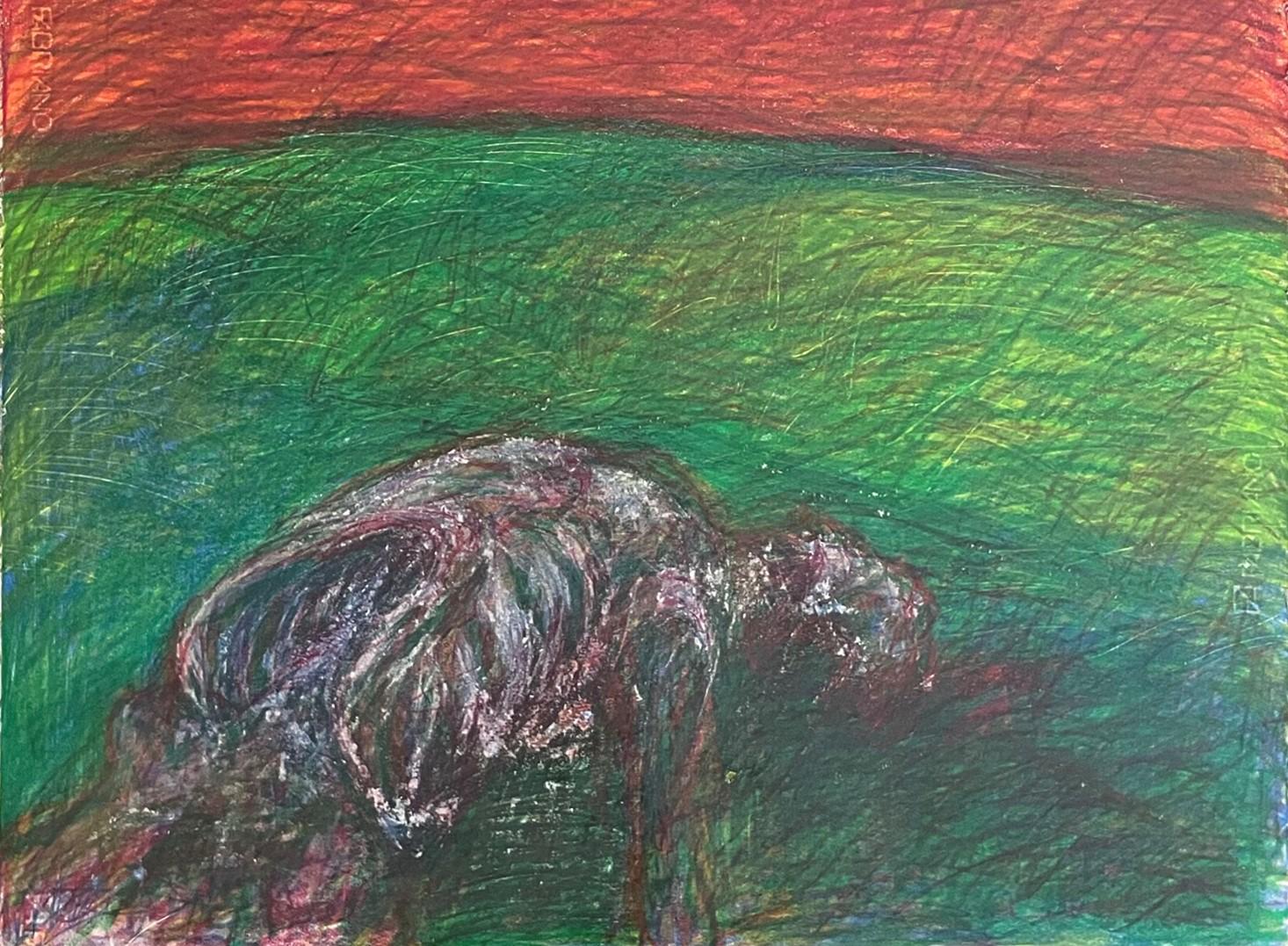 Untitled_Body on the Field #2 - Green, Red, Contemporary Art, Drawing - Brown Landscape Art by Zsolt Berszán