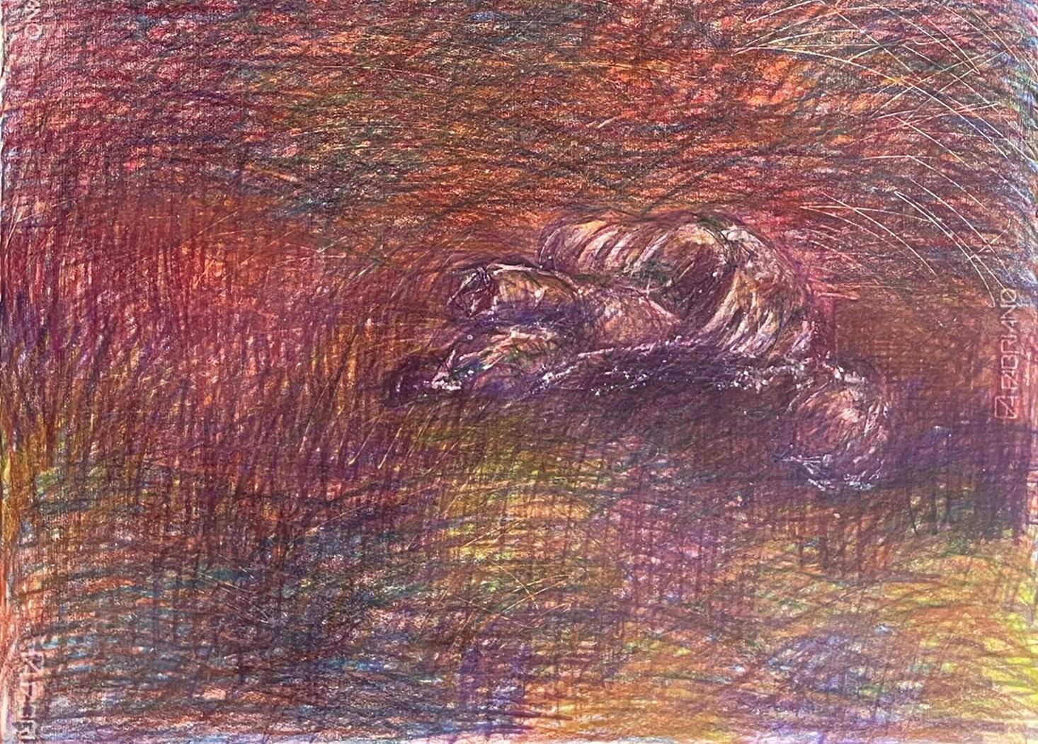 Untitled_Body on the Field #4, 2022
coloured pencils on paper
39 3/8 H x 27 9/16 W inches
100 H x 70 W cm

Signed on reverse

Zsolt Berszán embodies in his works the dissolution of the human body through the prism of the fragment, the body in