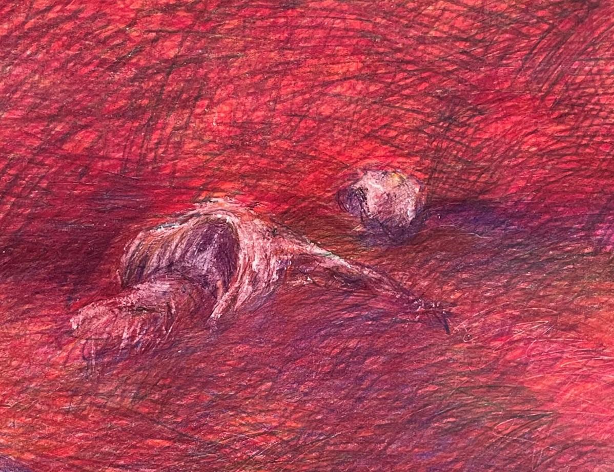 Untitled_Dead Body on the Field #1, 2022
coloured pencils on paper
39 3/8 H x 27 9/16 W inches
100 H x 70 W cm

Signed on reverse

Zsolt Berszán embodies in his works the dissolution of the human body through the prism of the fragment, the body in