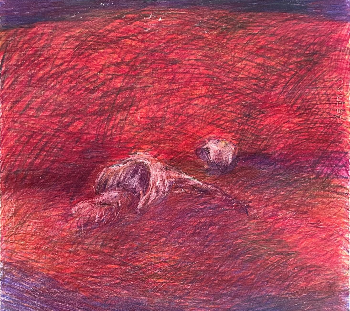 Untitled_Dead Body on the Field #1 - Red, Contemporary, 21st Century, Drawing - Neo-Expressionist Art by Zsolt Berszán