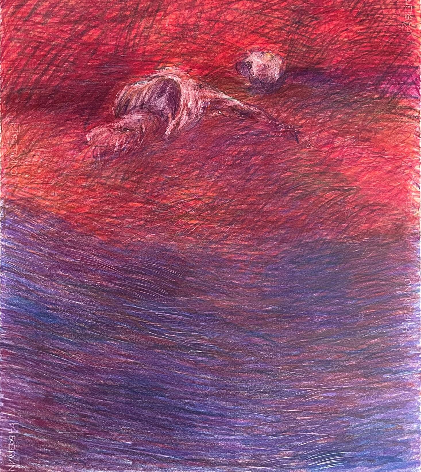 Untitled_Dead Body on the Field #1 – Rot, zeitgenössisch, 21. Jahrhundert, Zeichnung (Pink), Landscape Art, von Zsolt Berszán