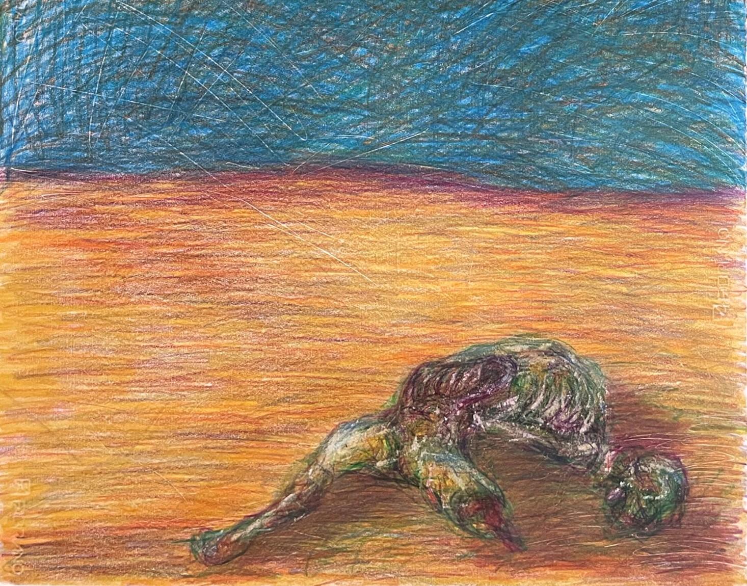 Untitled_Dead Body on the Field #2 - Drawing, Blue, Orange, Contemporary - Neo-Expressionist Art by Zsolt Berszán
