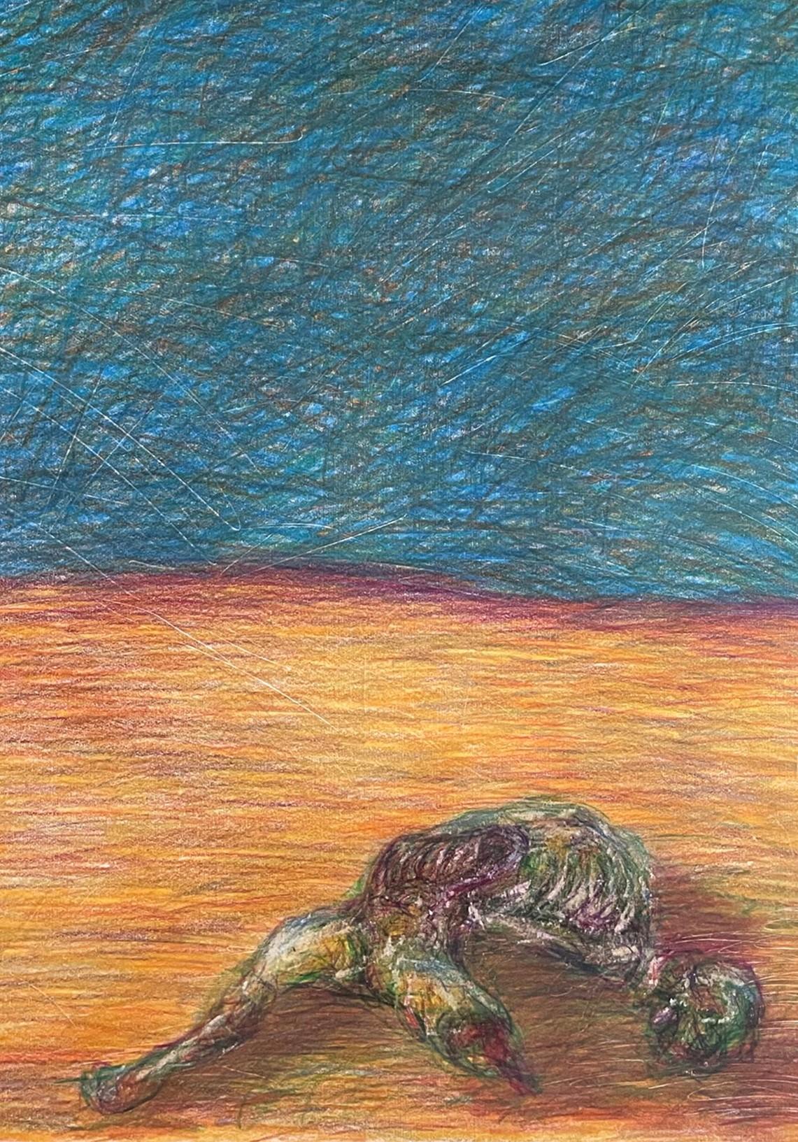 Sin título_Cuerpo muerto en el campo nº 2 - Dibujo, Azul, Naranja, Contemporáneo - Figurative Art Gris de Zsolt Berszán