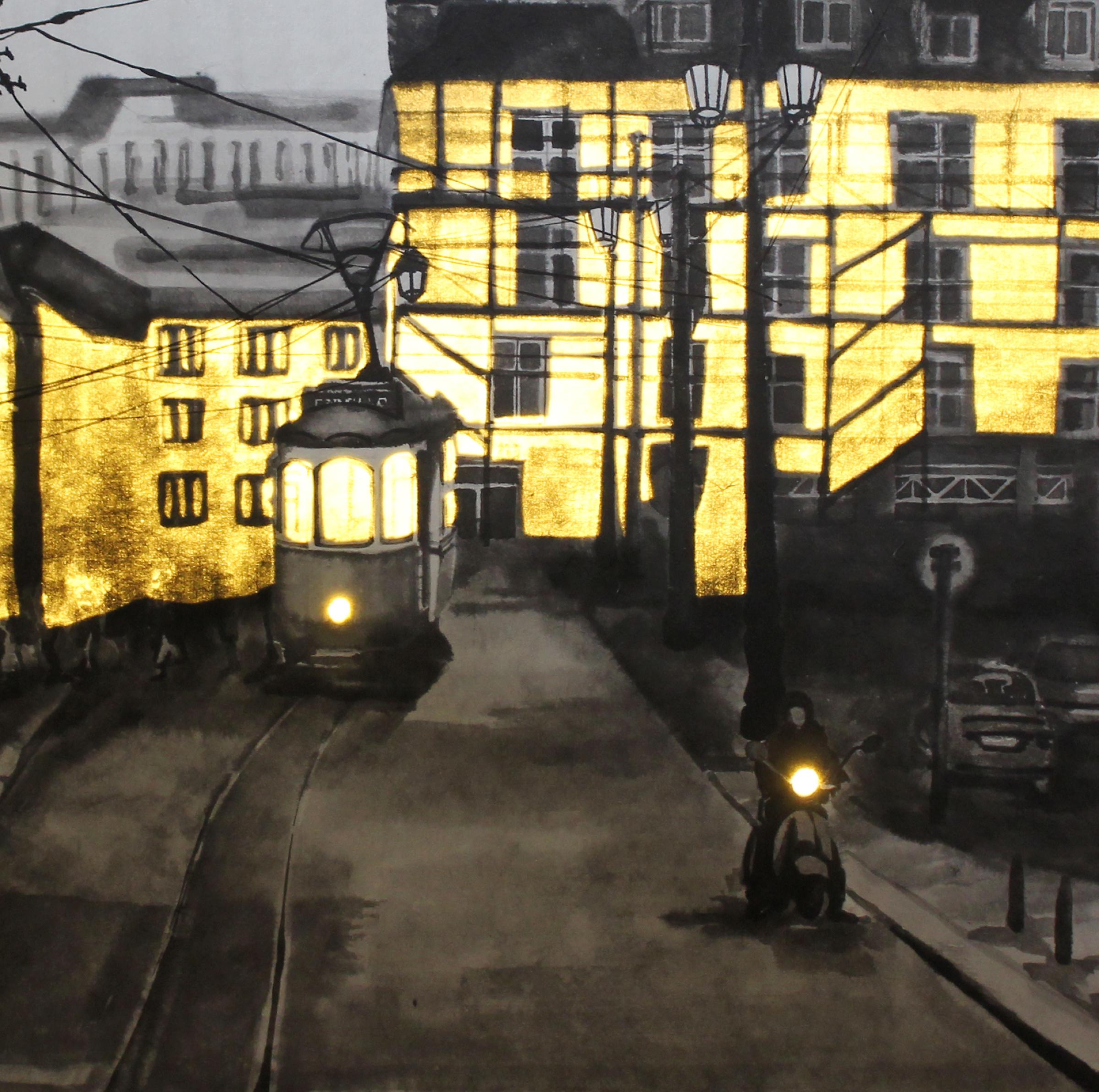 Das Licht von Lissabon (The light from Lisbon), 2017
Ink on handmade paper, LED light
(Signed on reverse)
35.82 H x 46.06 W in
91 H x 117 W cm

City of Lisbon, little streets, the old tram and lights. Bora Min's enlightened drawings describe a world