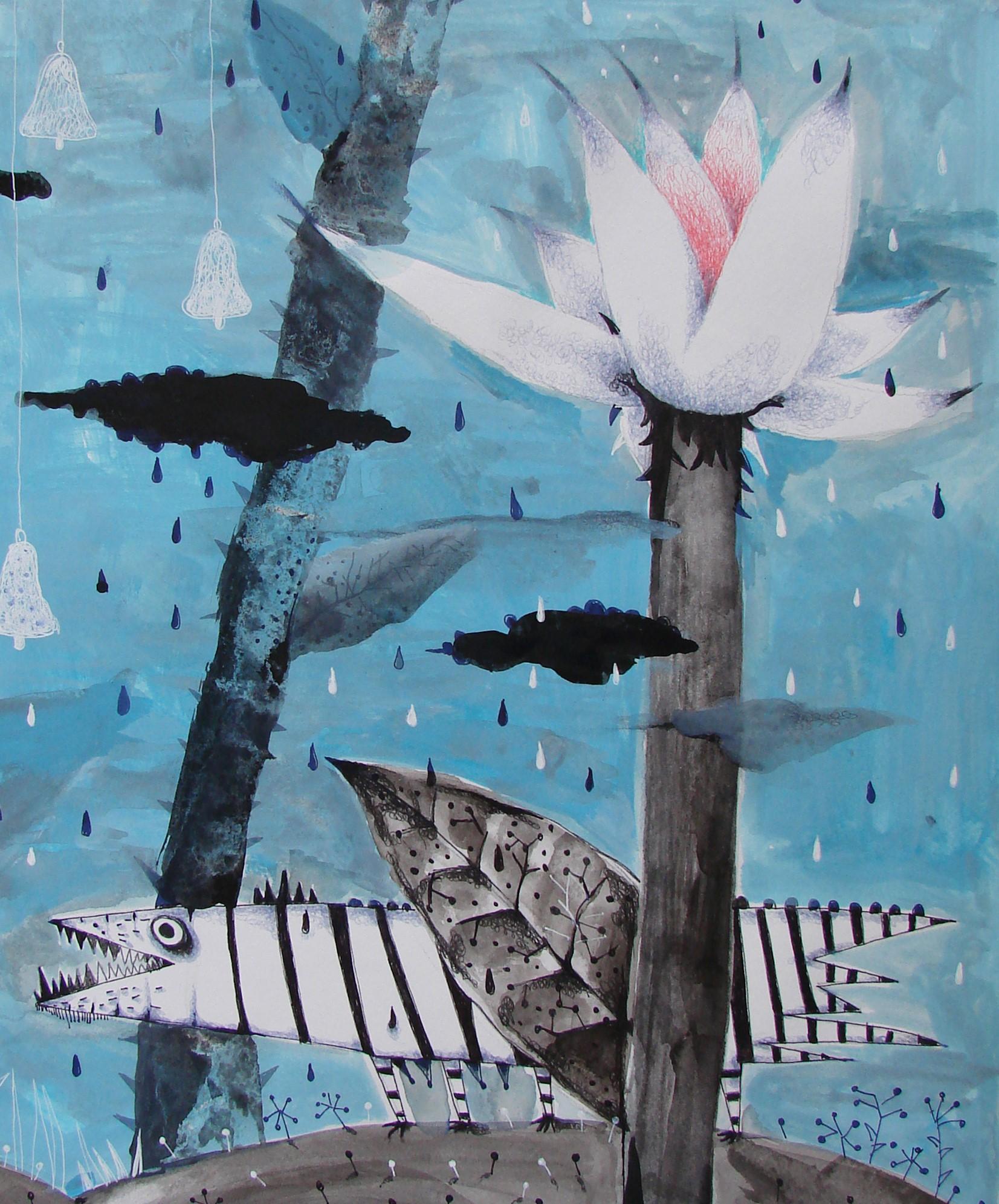 Singing Forest - Contemporary Drawing, Figurative, Flower, Blue Fantasy, Kids - Art by Raluca Arnăutu