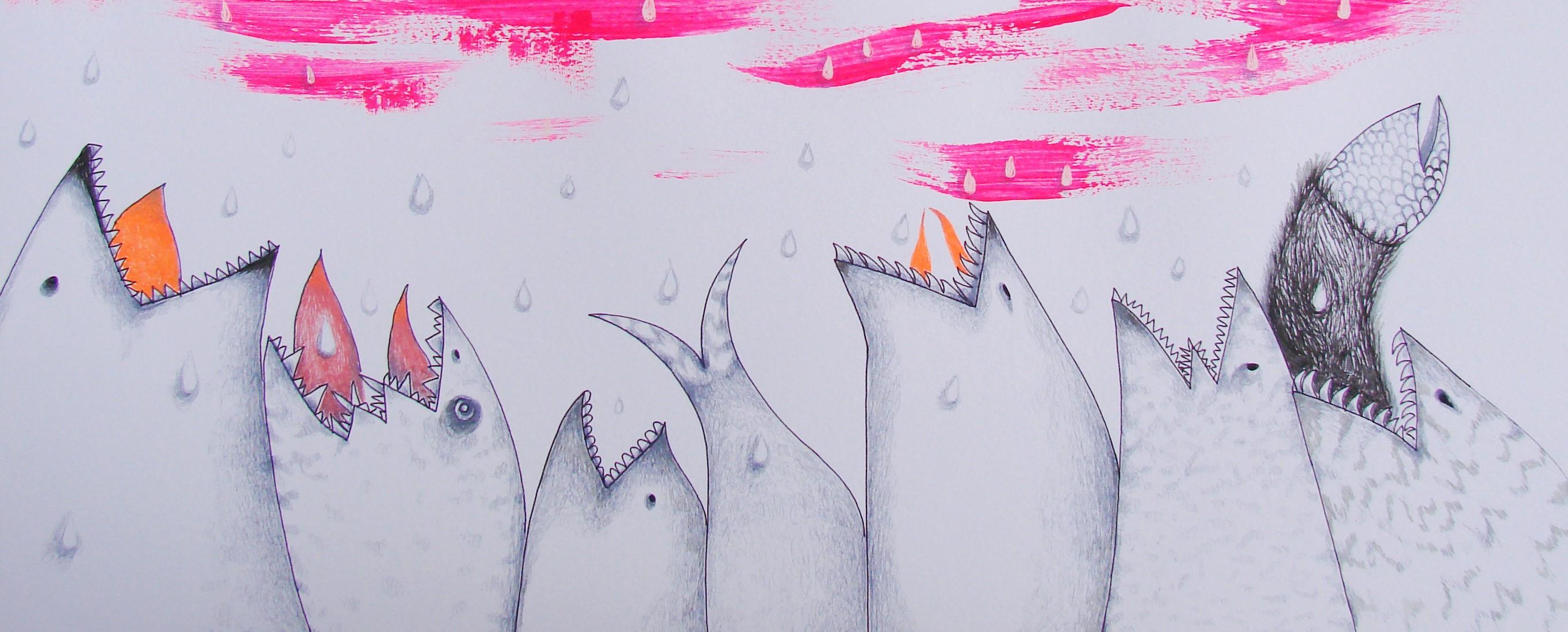 Predatory Animals - Zeichnung, Rosa, Tiere, Orange, Surrealistisch (Surrealismus), Art, von Raluca Arnăutu