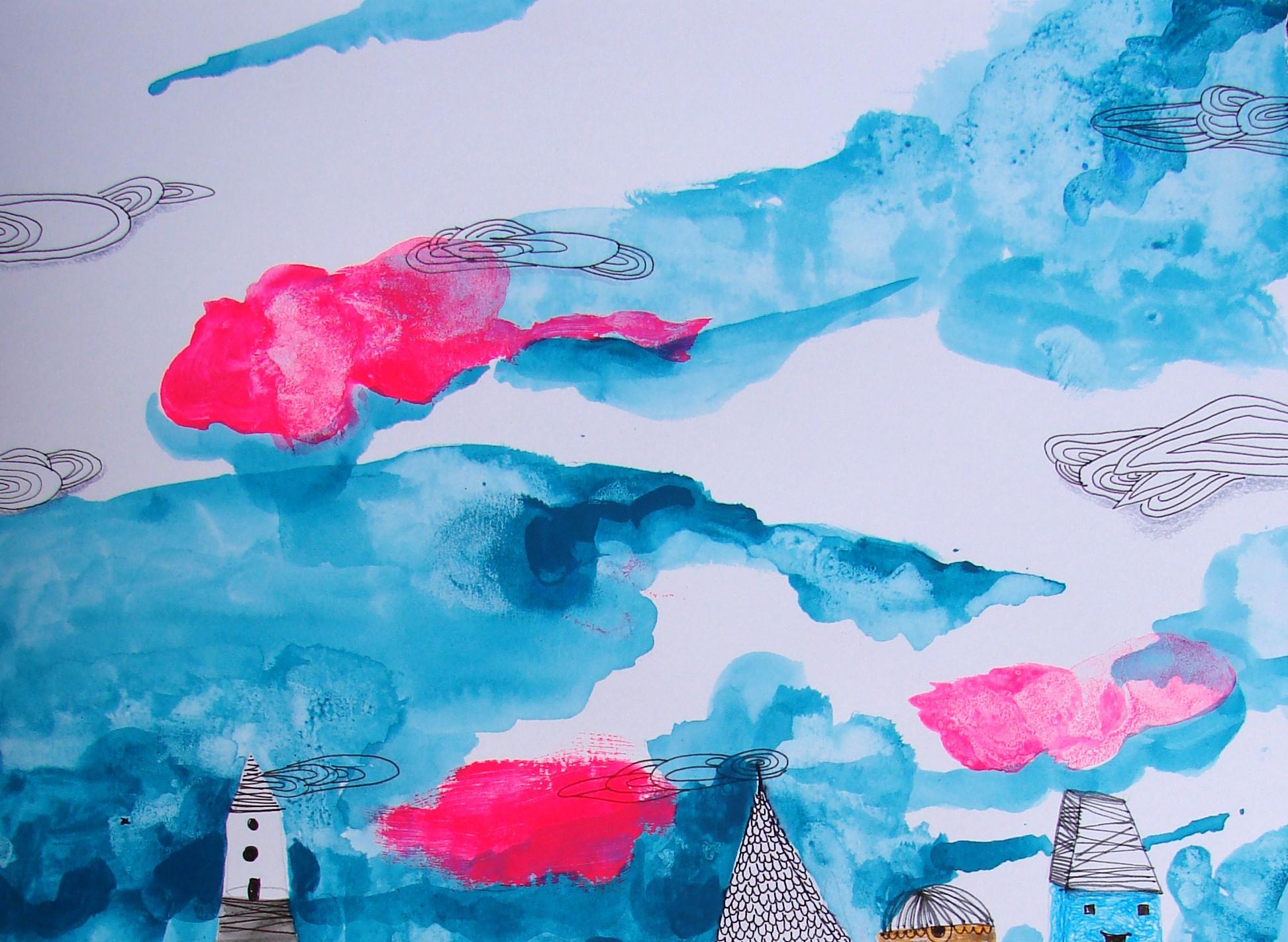 Cité colorée - dessin, crayon, bleu, rouge, papier - Art de Raluca Arnăutu