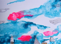 Città colorata - Disegno, matita, blu, rosso, carta