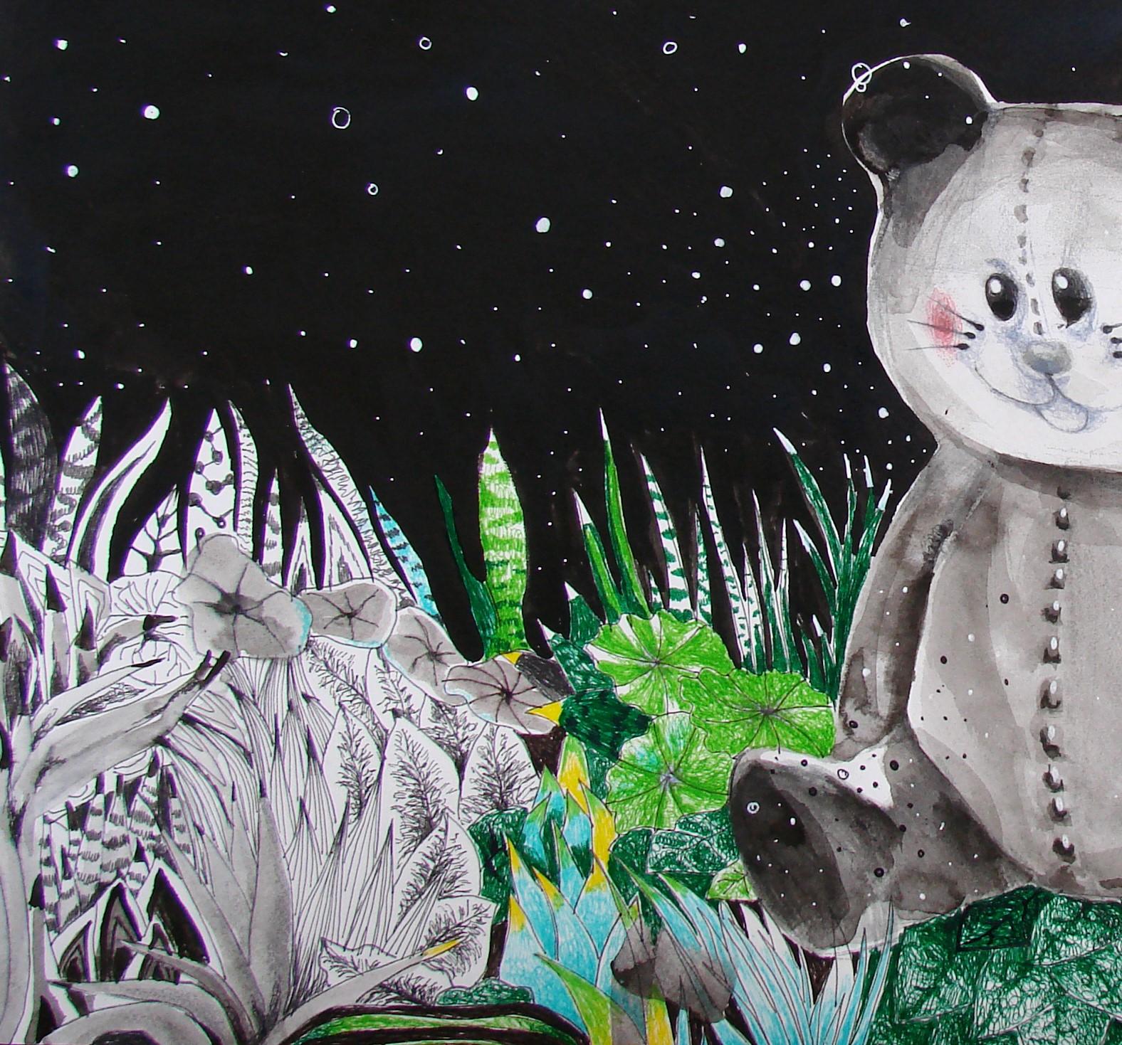 Nubes de jabón - Dibujo, Contemporáneo, Fantasía, Animales, Habitación infantil - Animal Art Negro de Raluca Arnăutu