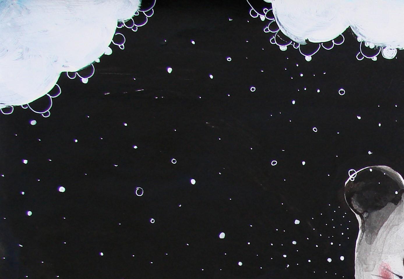 Seifenwolken, 2014
Acryl, Fineliner und Farbstift auf Papier
13.97 H x 19.68 W in
35.5 H  x 50 W cm

Raluca Arnăutu erschafft eine zoomorphe Welt, in der Tiere aus verschiedenen Welten gemischt, in ihrer Größe verändert, rekonstituiert oder neu