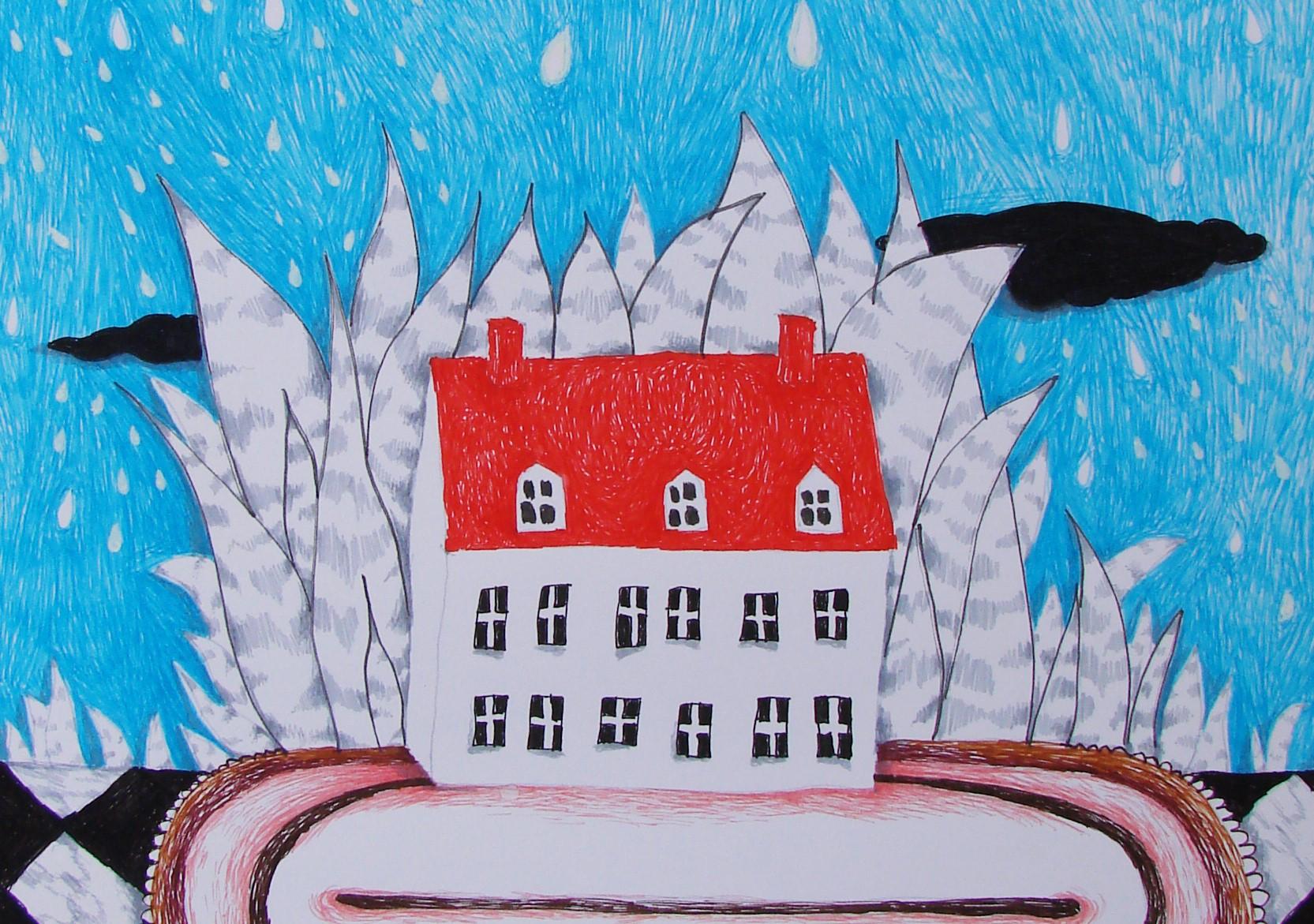Haus der Träume – Blau, Rot, Zeichnung, figurativ, 21. Jahrhundert – Art von Raluca Arnăutu