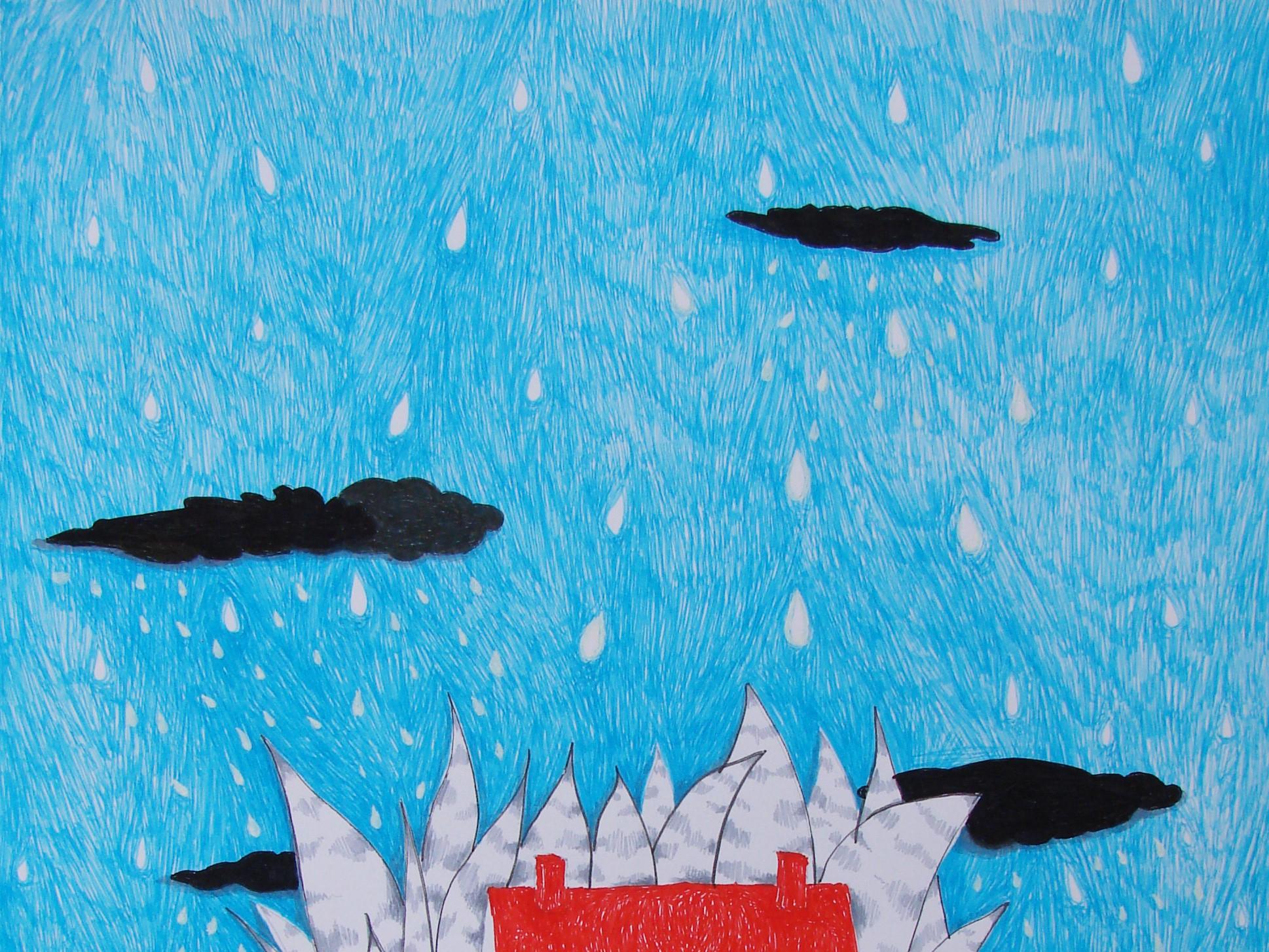 Haus der Träume – Blau, Rot, Zeichnung, figurativ, 21. Jahrhundert im Angebot 1
