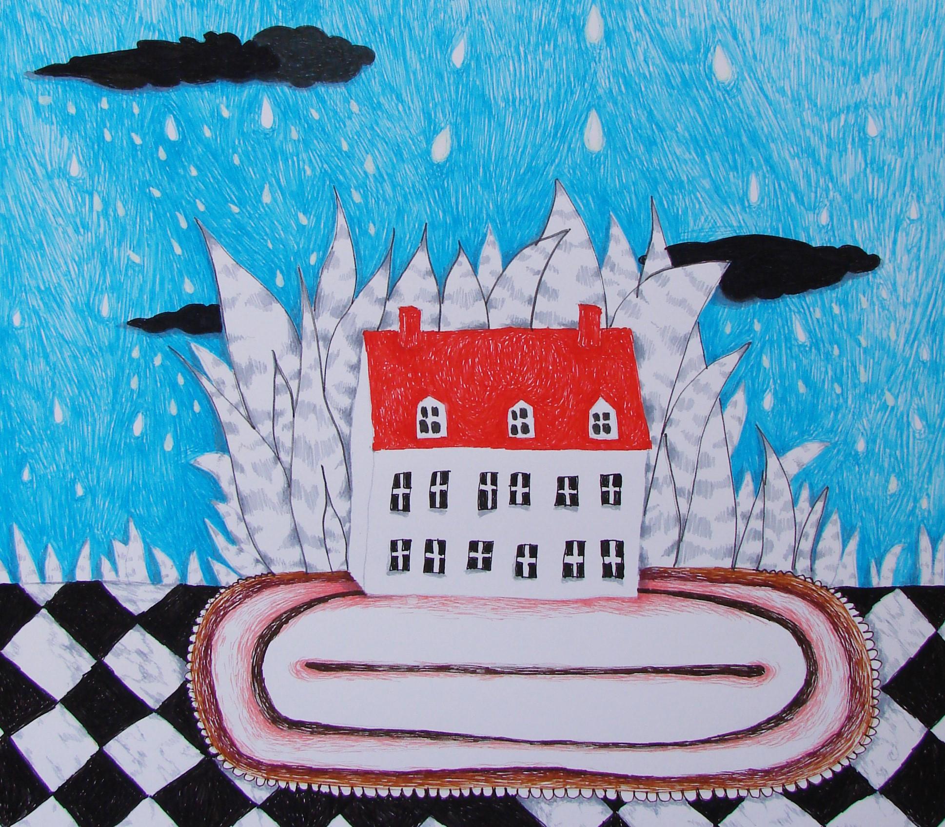 Maison des rêves - Bleu, rouge, dessin, figuratif, 21e siècle - Surréalisme Art par Raluca Arnăutu