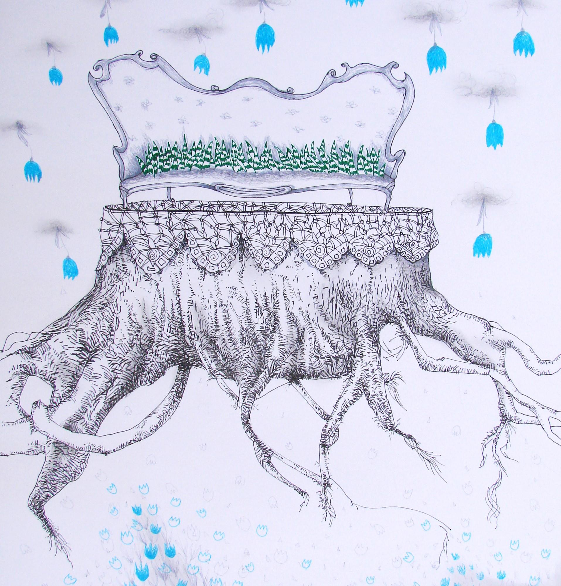 Royal Dreams – Königliche Träume – 21. Jahrhundert, Zeichnung auf Papier, Baum, Krone, Blau, Fantasy – Art von Raluca Arnăutu
