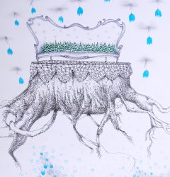 Des rêves royaux - 21e siècle, dessin sur papier, arbre, couronne, bleu, fantaisie