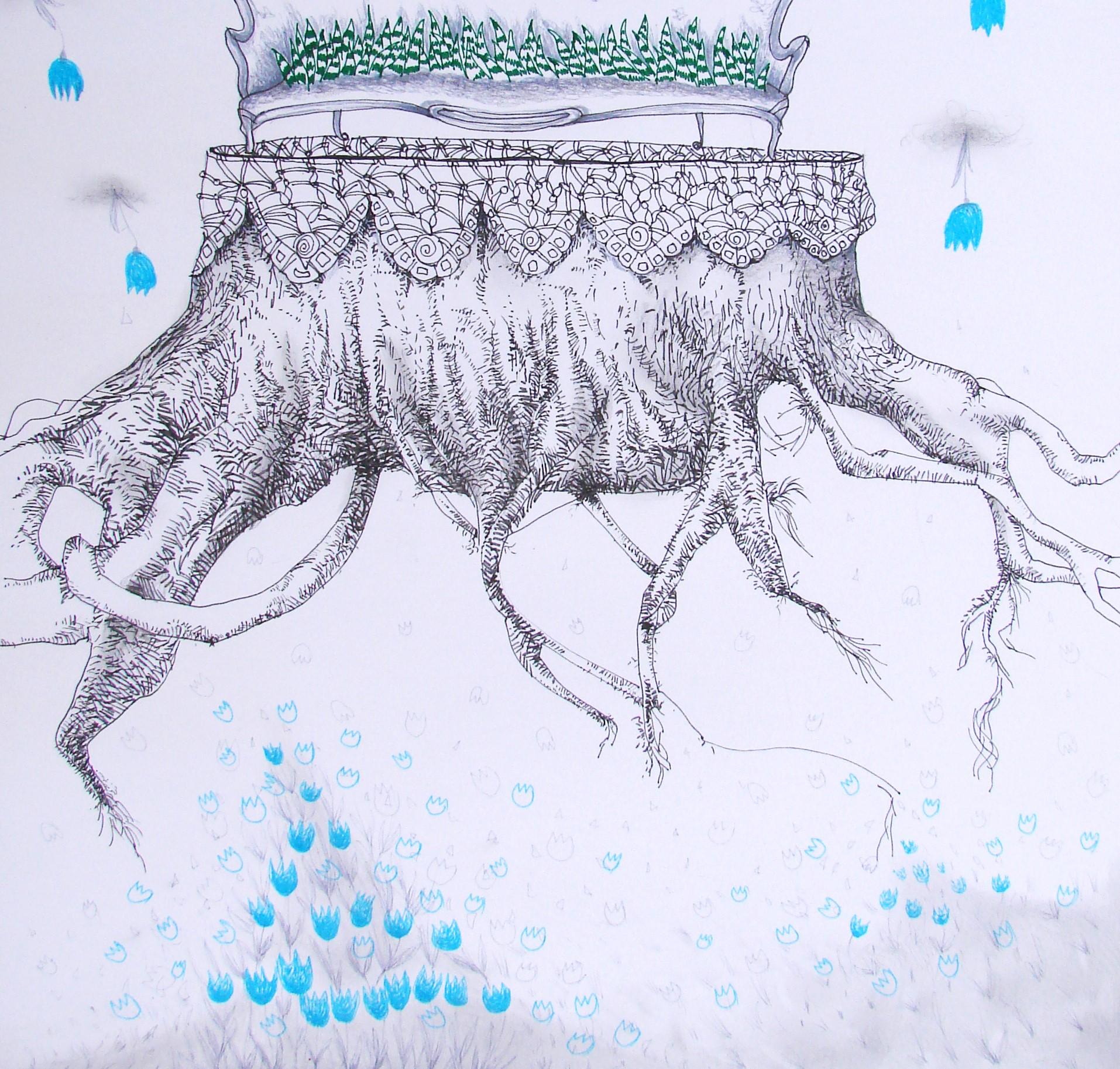 Royal Dreams – Königliche Träume – 21. Jahrhundert, Zeichnung auf Papier, Baum, Krone, Blau, Fantasy (Grau), Landscape Art, von Raluca Arnăutu