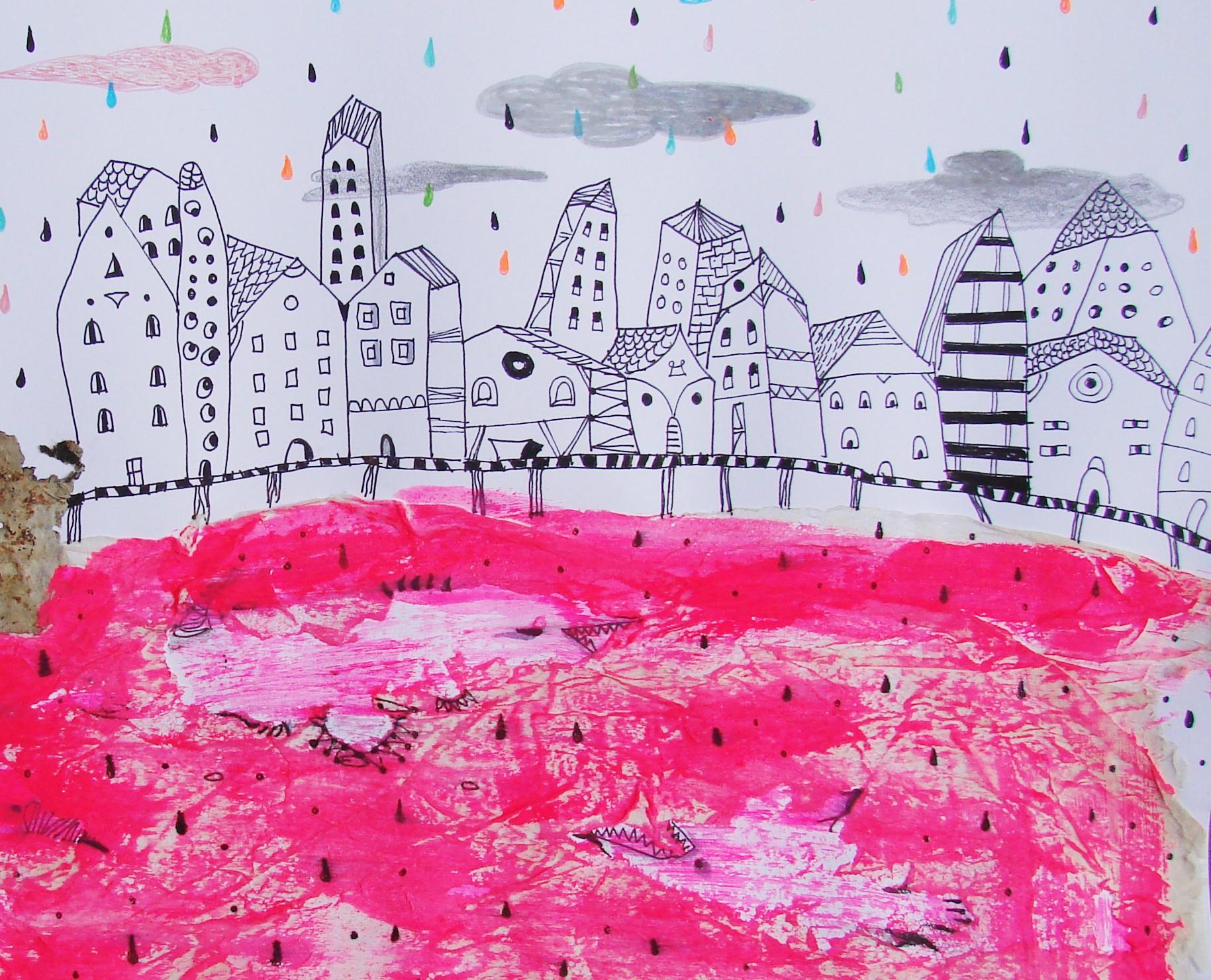 Rotes Meer - Zeitgenössisch, Zeichnung auf Papier, Rosa, traumhaft, figürlich (Violett), Animal Art, von Raluca Arnăutu
