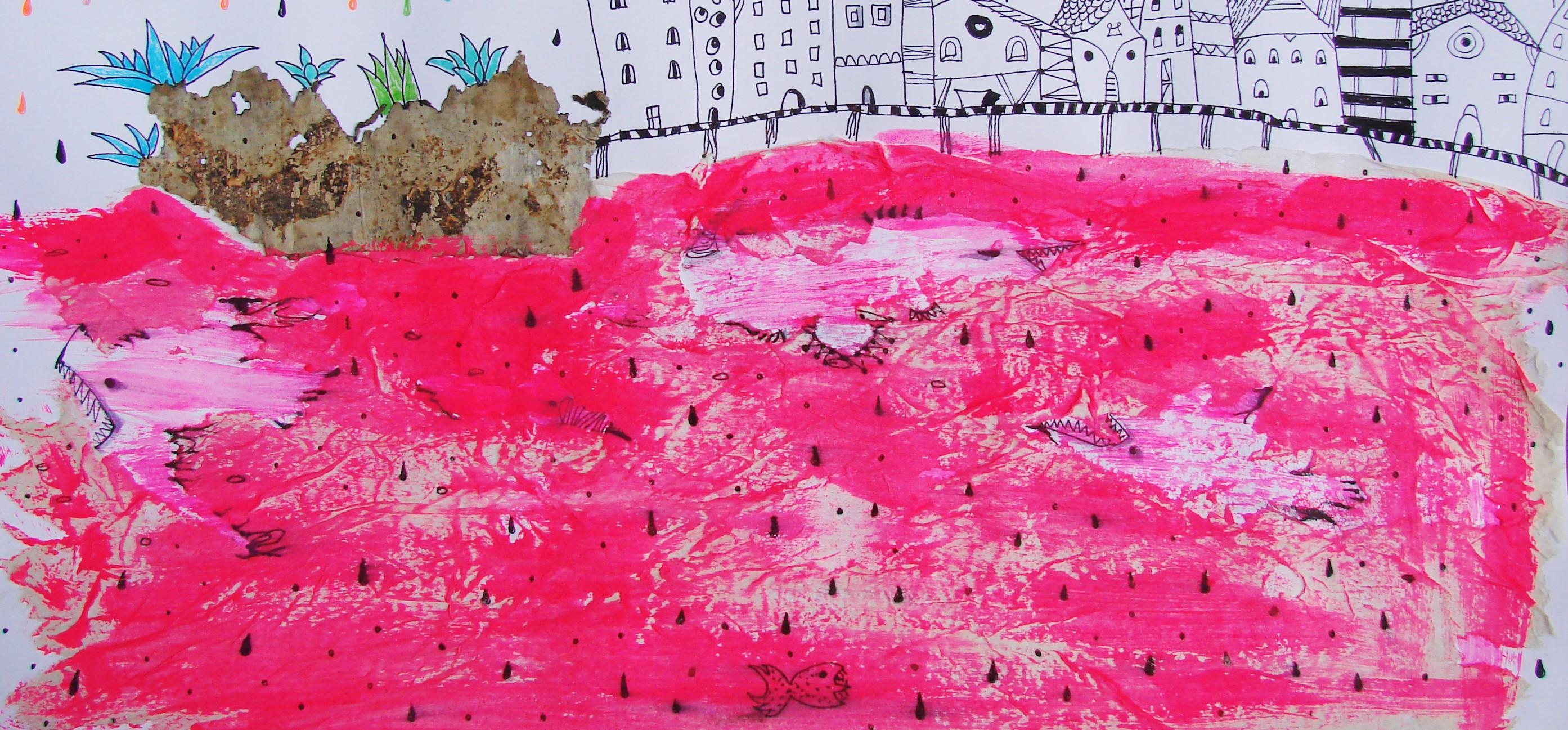 Red Sea - Contemporary, Drawing on Paper, Pink, Dreamlike, Figurative - Surrealist Art by Raluca Arnăutu