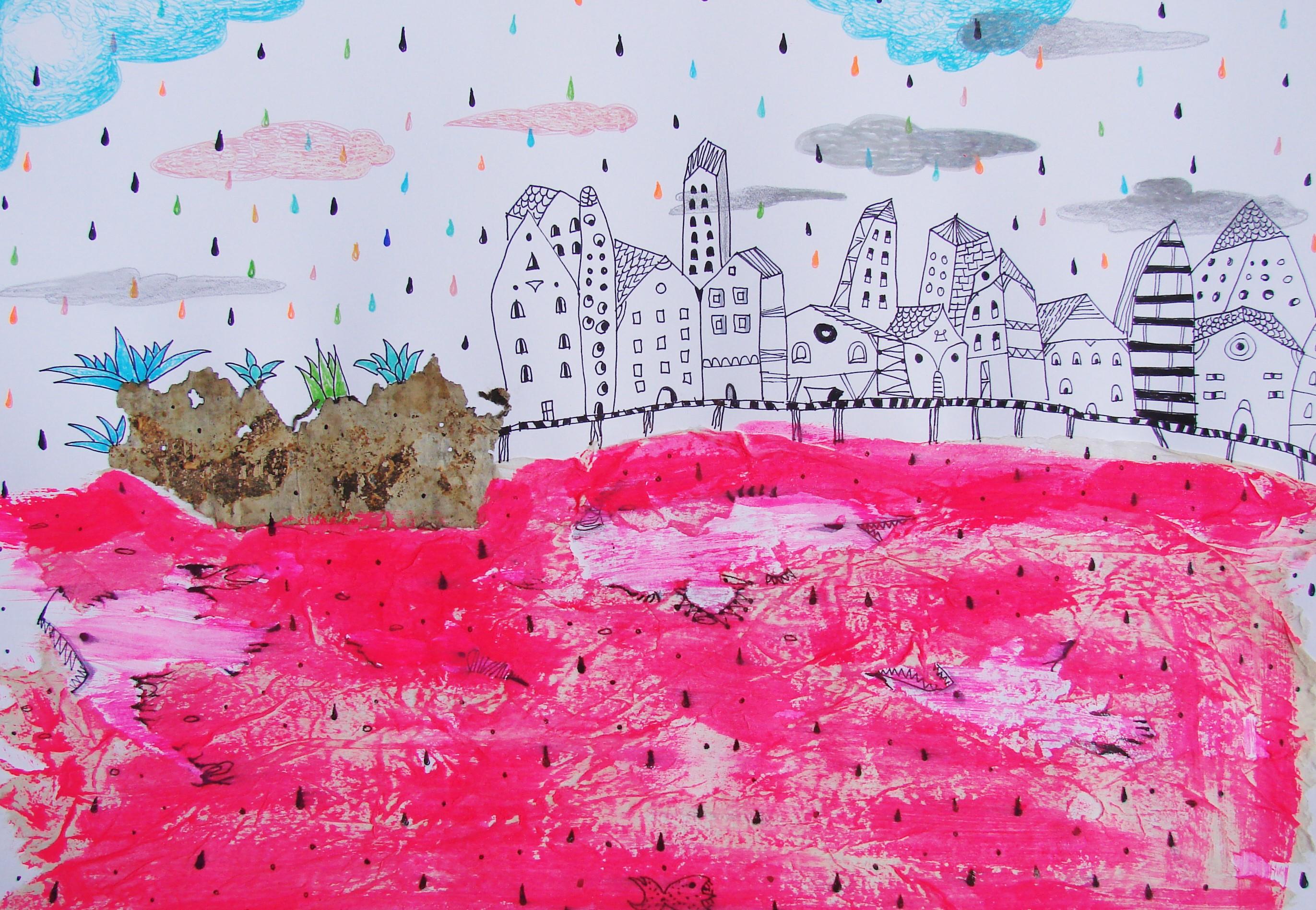 Rotes Meer - Zeitgenössisch, Zeichnung auf Papier, Rosa, traumhaft, figürlich (Surrealismus), Art, von Raluca Arnăutu