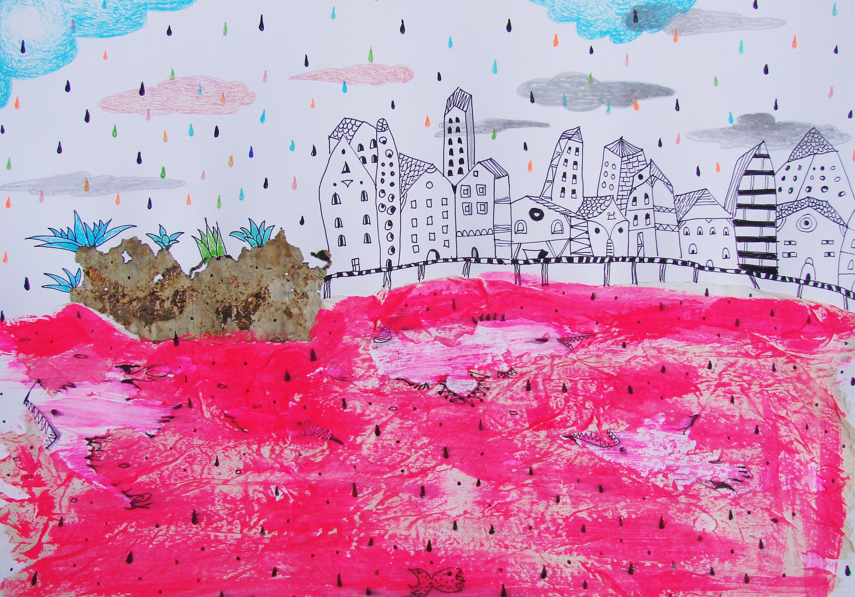 Dessins sur papier représentant la mer rouge - Contemporain, rose, onirique, figuratif - Art de Raluca Arnăutu