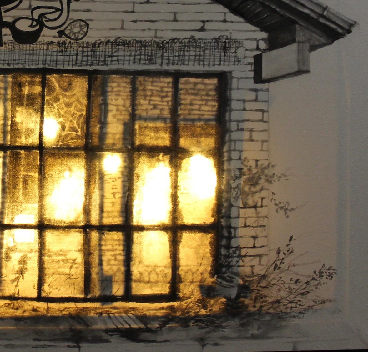 Rest - My last coffee - 21st Century, Light Box, Drawing, Gray, House, LED Light - Contemporary Mixed Media Art by Bora Min