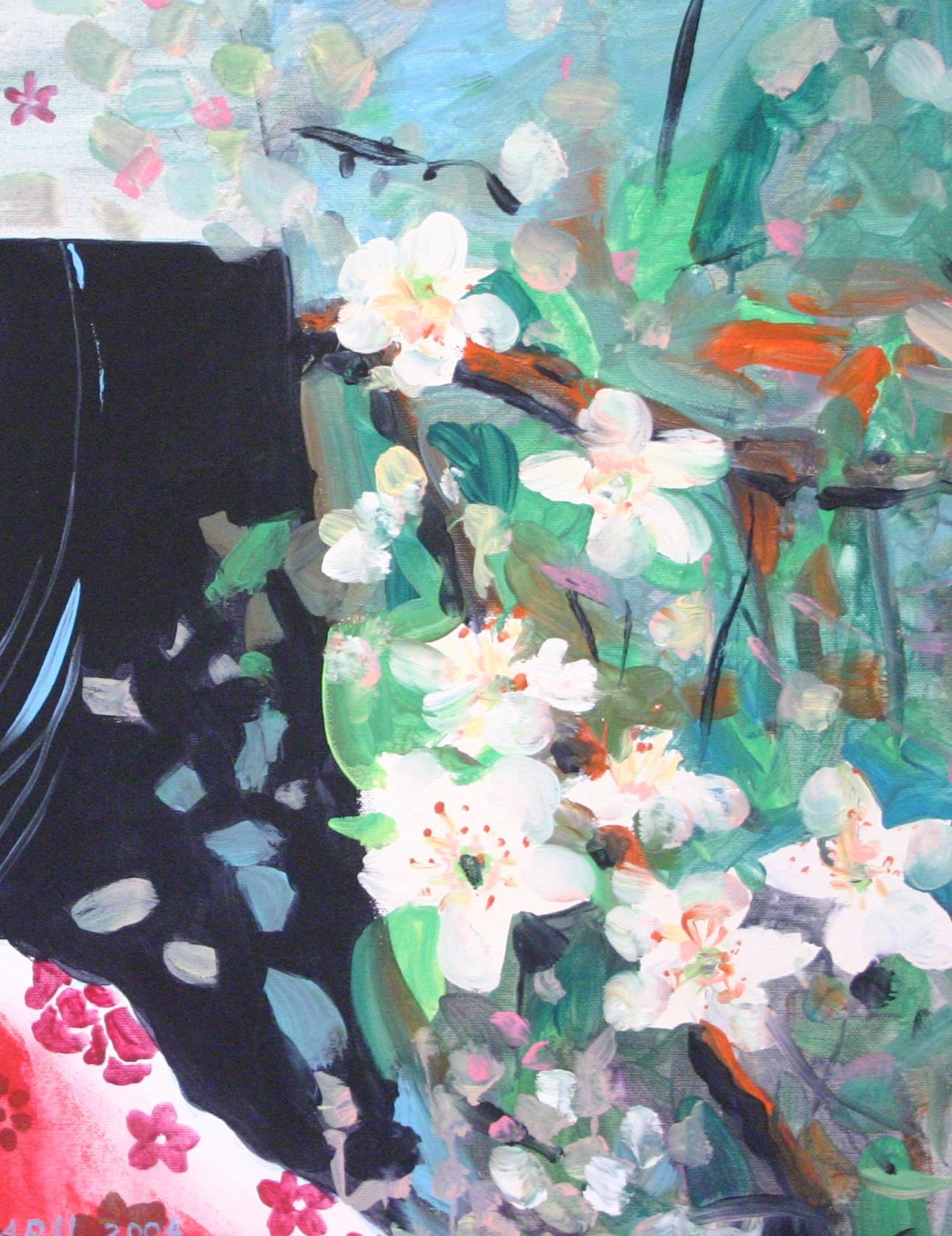Paradise 04 - 21. Jahrhundert, Blumen, Rot, menschliche Figur, Landschaft, Stimmung (Expressionismus), Painting, von Mirela Trăistaru