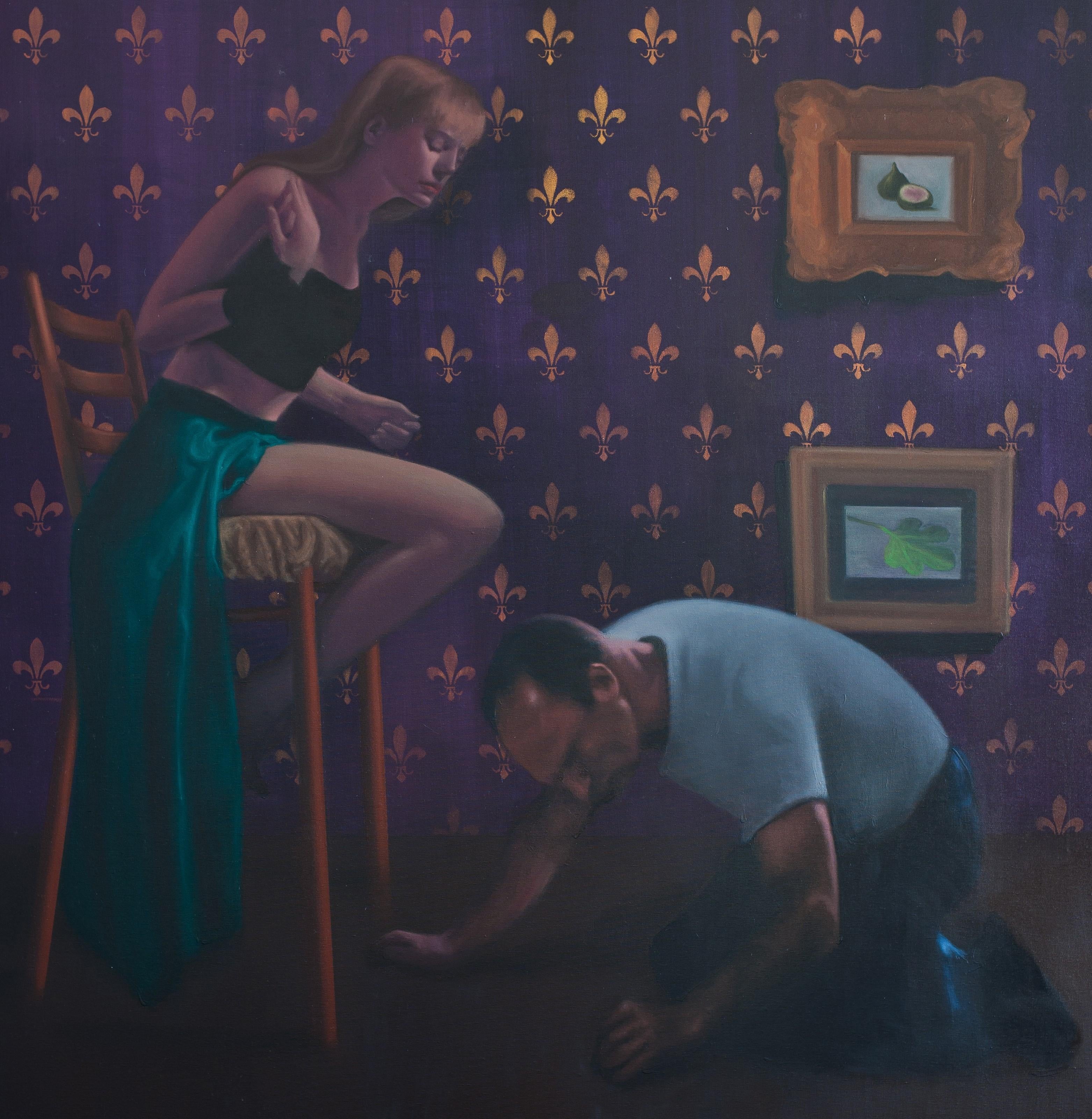 Acquiescement -  21e siècle, peinture figurative, intérieur, violet, double - Painting de Radu Rodideal