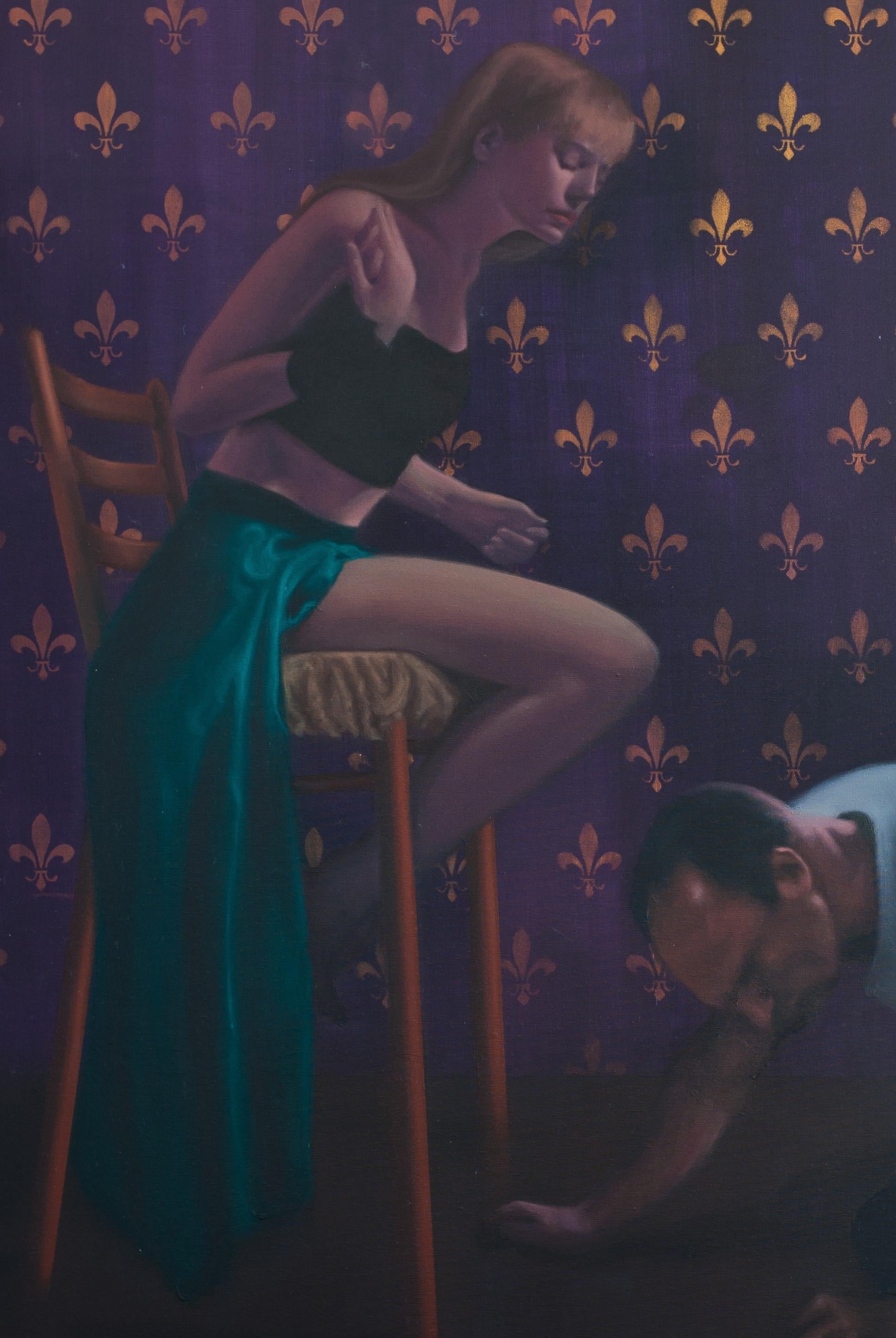 Acquiescement -  21e siècle, peinture figurative, intérieur, violet, double - Photoréalisme Painting par Radu Rodideal