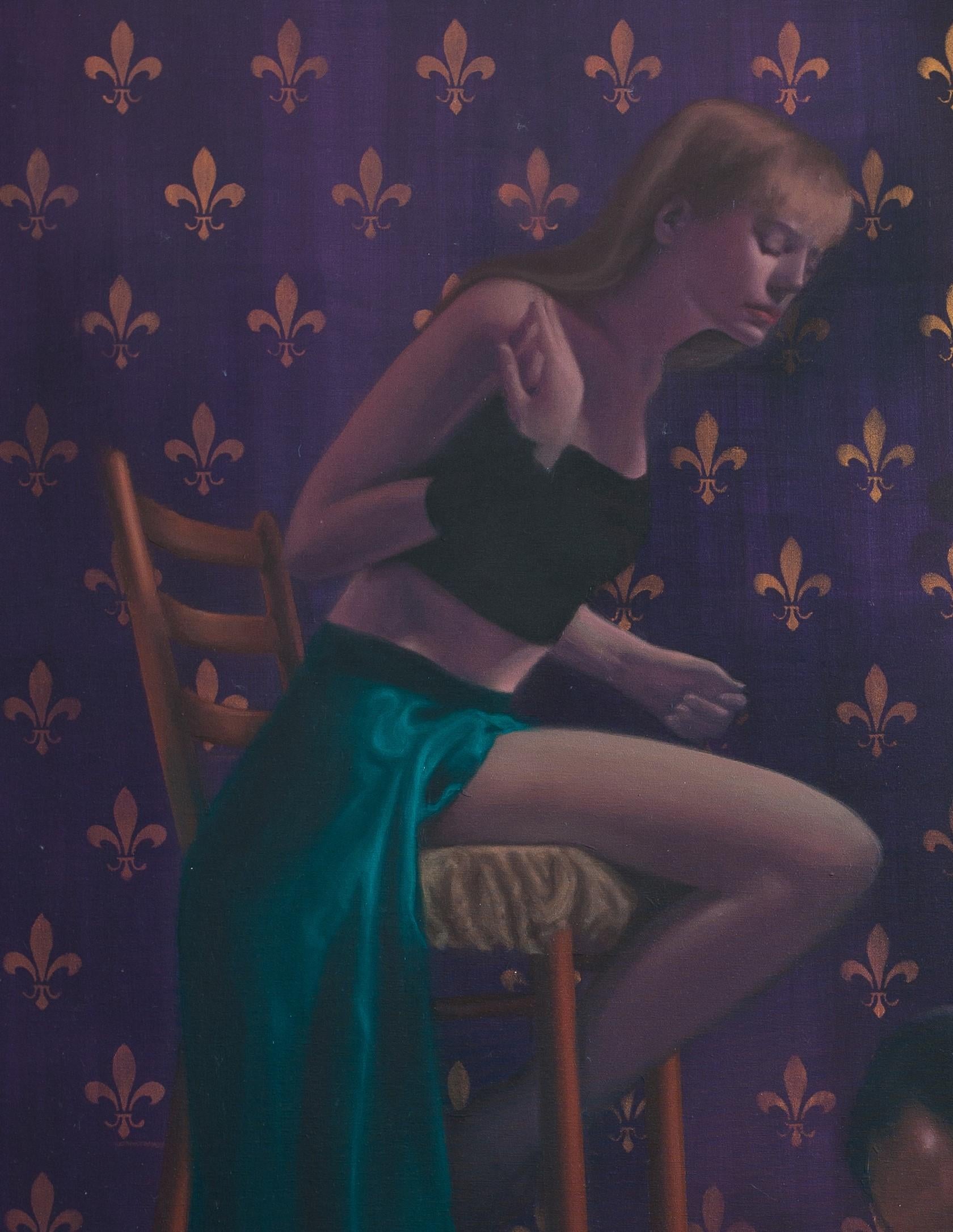 Acquiescement -  21e siècle, peinture figurative, intérieur, violet, double - Noir Figurative Painting par Radu Rodideal