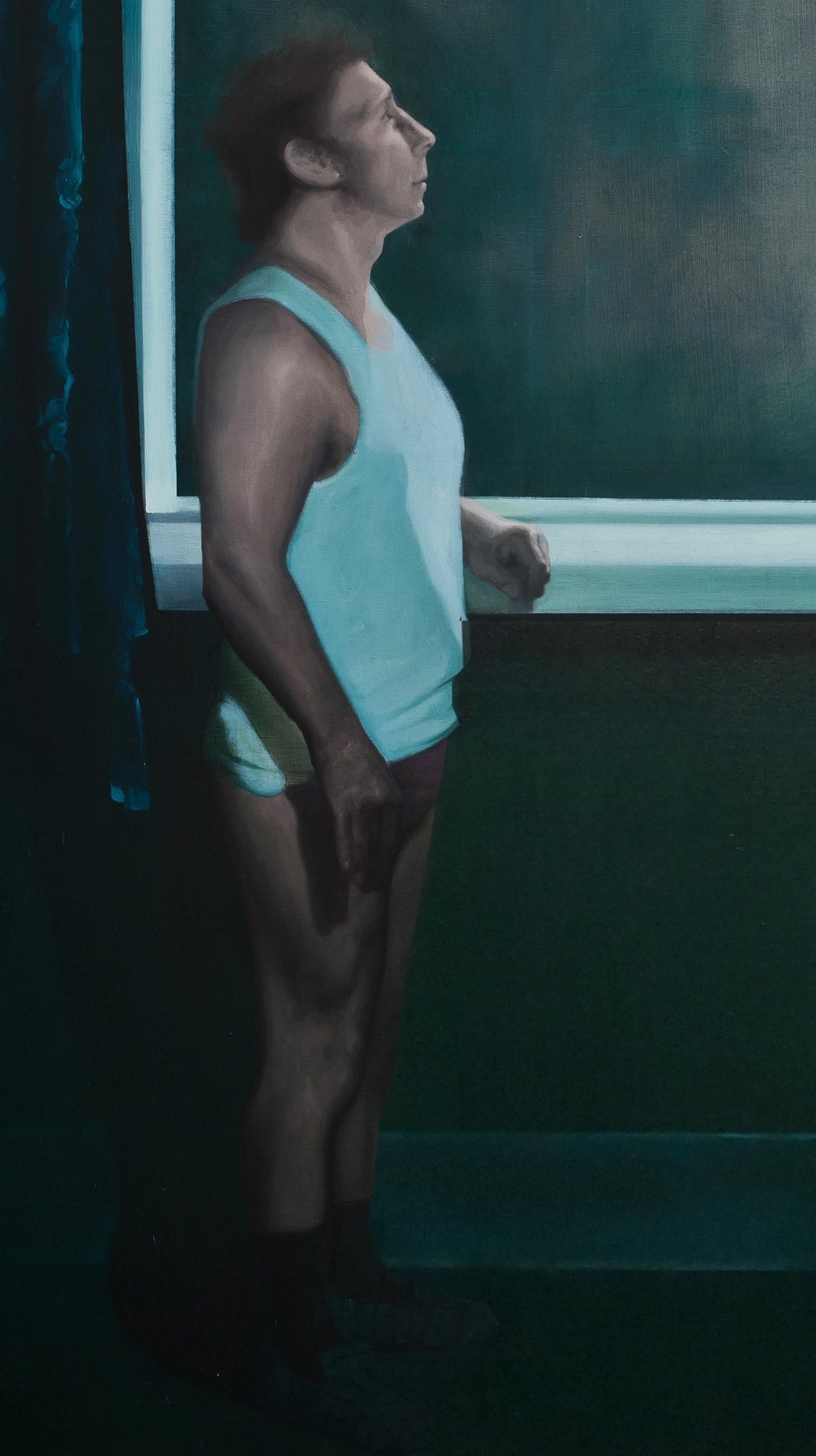 Distrust - Contemporary, Figurative Painting, Window, Blue, Human, Female, Male - Black Interior Painting by Radu Rodideal