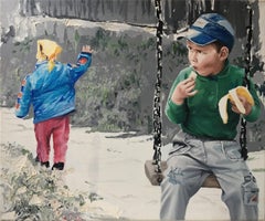 Staring - Contemporary, Figurative Art, Blue, Green, Yellow, Playground, Kids