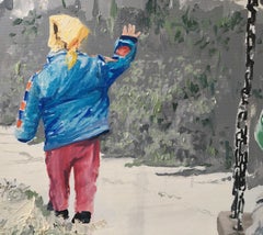 Staring - Contemporary, Figurative Art, Blue, Green, Yellow, Playground, Kids
