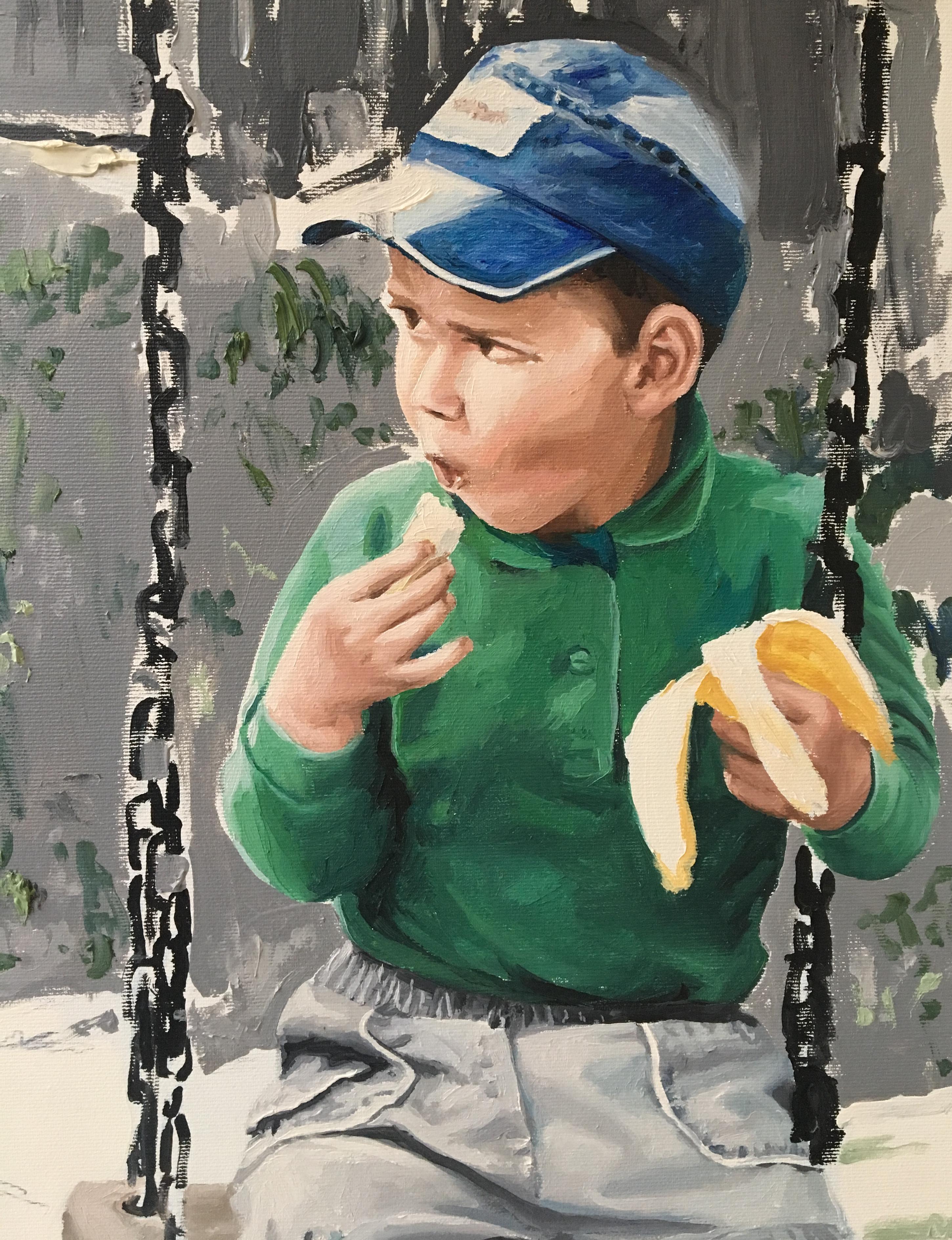 Staring - Contemporáneo, Arte figurativo, Azul, Verde, Amarillo, Parque infantil, Niños - Painting Realista de Reka Ugron