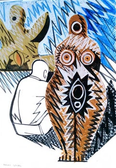 Pygmalion (Triptych) - Nude, 21st Century, Blue, Figurative Drawing, Tree