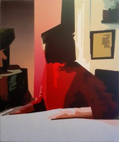 Swan Song - 21st Century, Interior, Woman, Red, Enigmatic, Figurative Painting