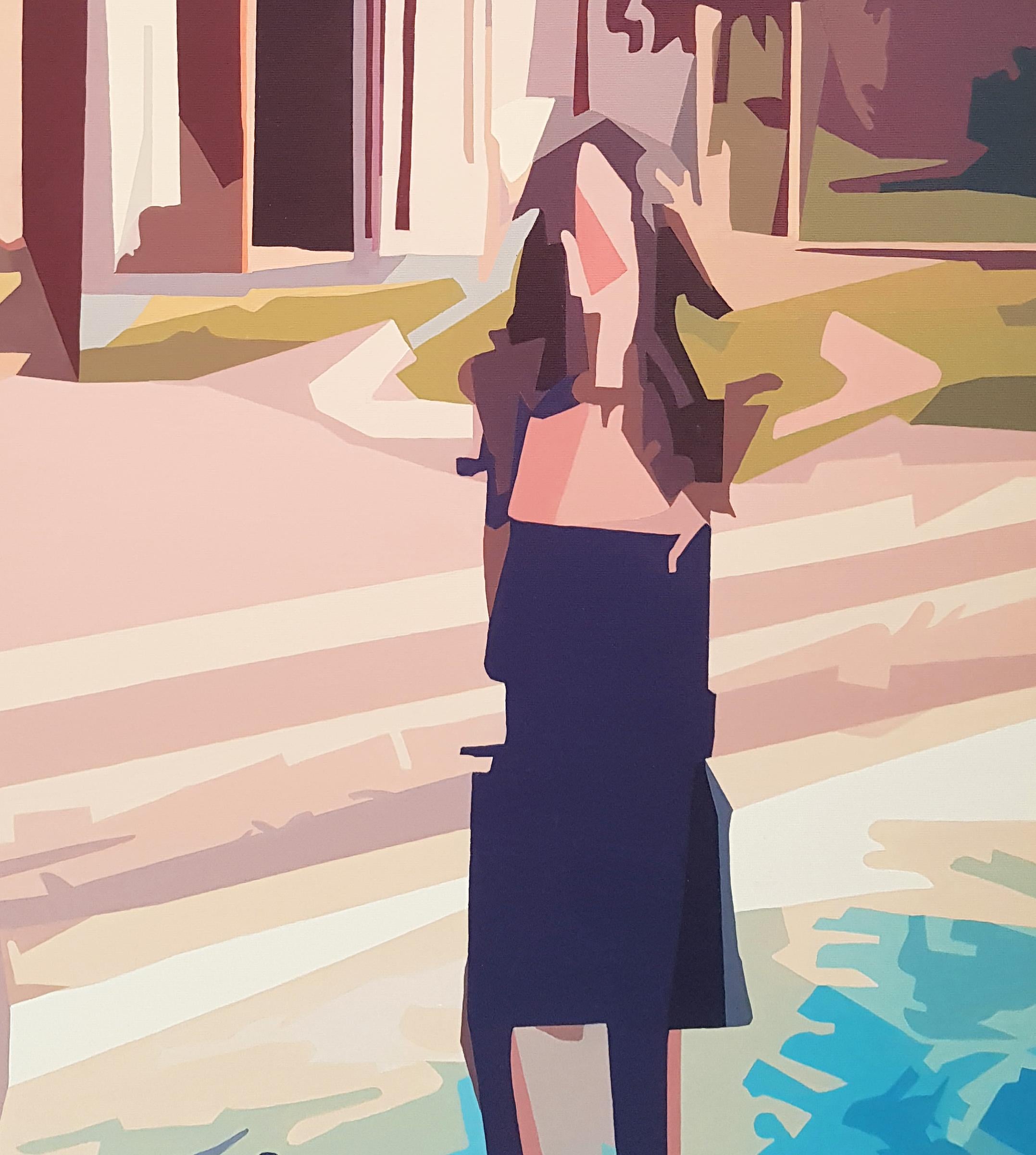 Uptown Frenzy - Contemporáneo, Beige, Piscina, Mujer, Verano, Figurativo, Pintura al Óleo - Painting de Radu Rodideal