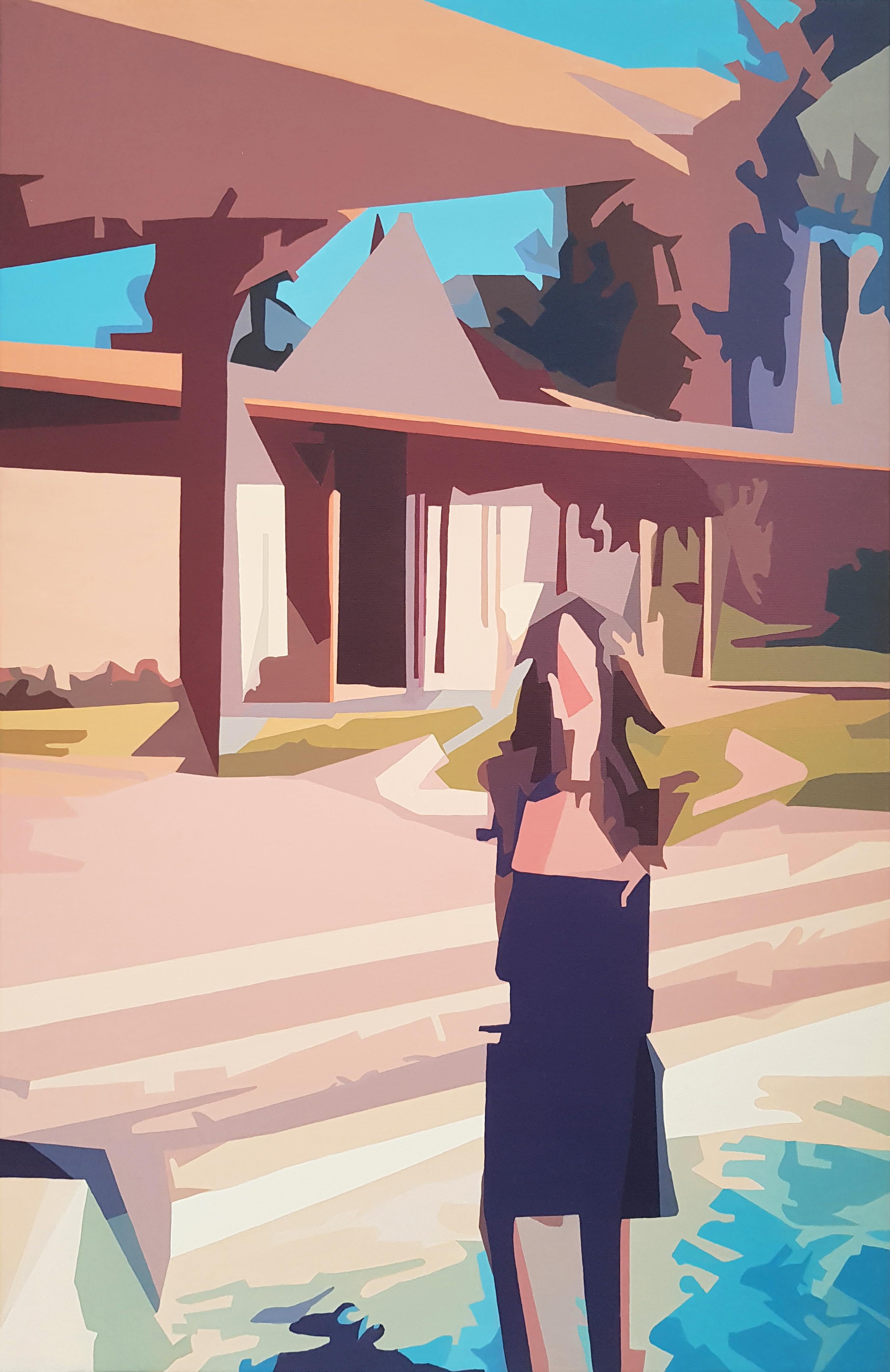 Landscape Painting de Radu Rodideal - Uptown Frenzy - Contemporáneo, Beige, Piscina, Mujer, Verano, Figurativo, Pintura al Óleo