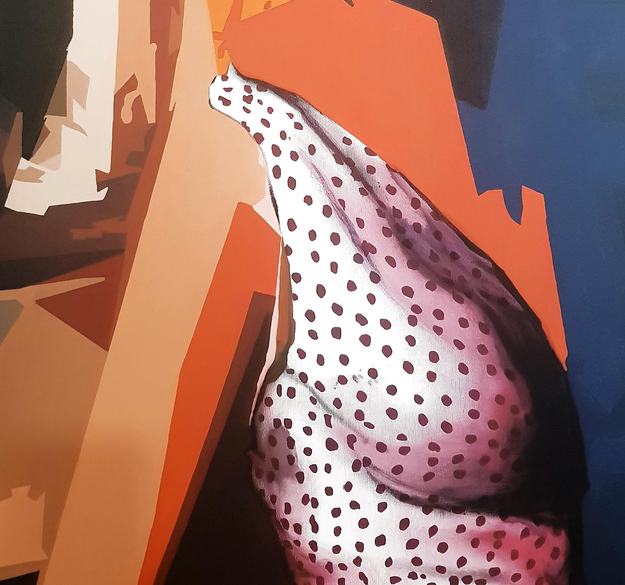 Concealed Glamour - 21st Century, Figurative, Woman, Blue, Summer, Dots - Painting by Radu Rodideal