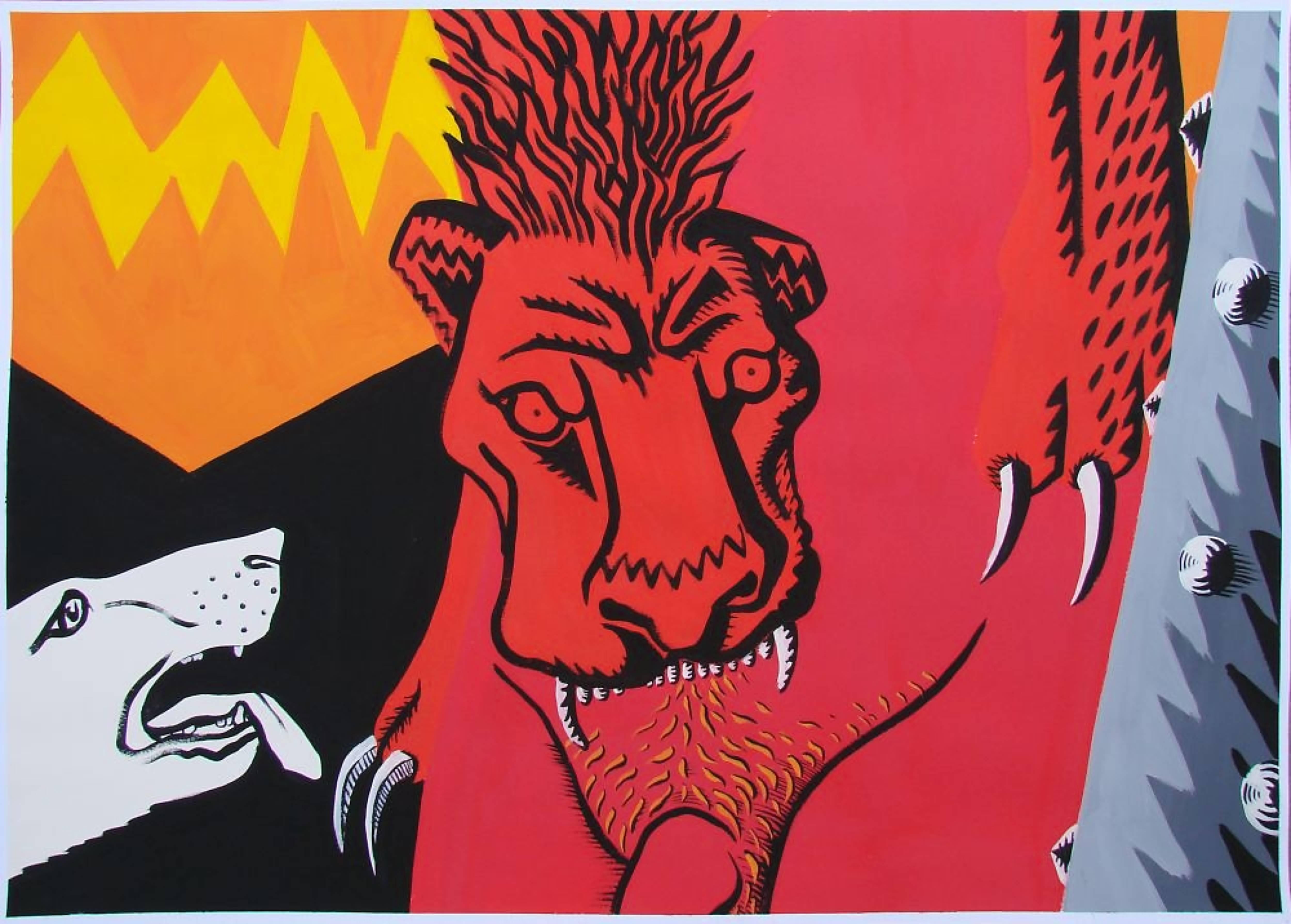 Herkules nach Carracci III - Zeitgenössische, figürliche Kunst, Hund, Löwe, männlich, rot