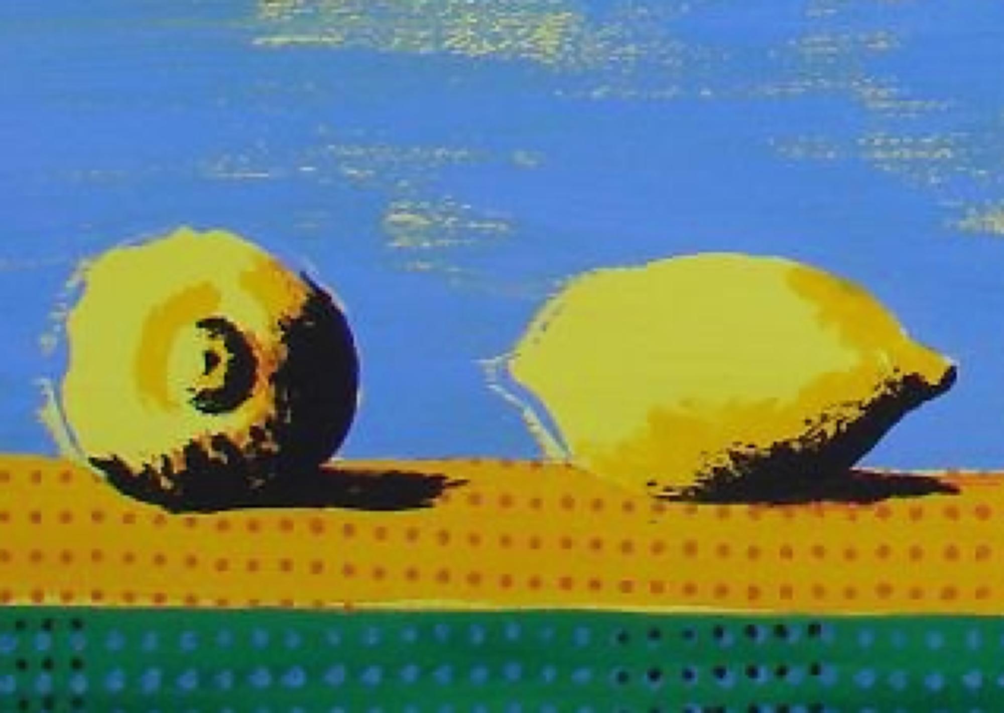 Bodegon II - Contemporary, Still Life, Fruits, Light Blue, Yellow, Banana, Lemon - Art by Alexandru Rădvan